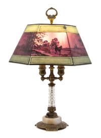 A Pairpoint Reverse Painted Table Lamp Width of shade 15, height overall 24 1/2 inches.