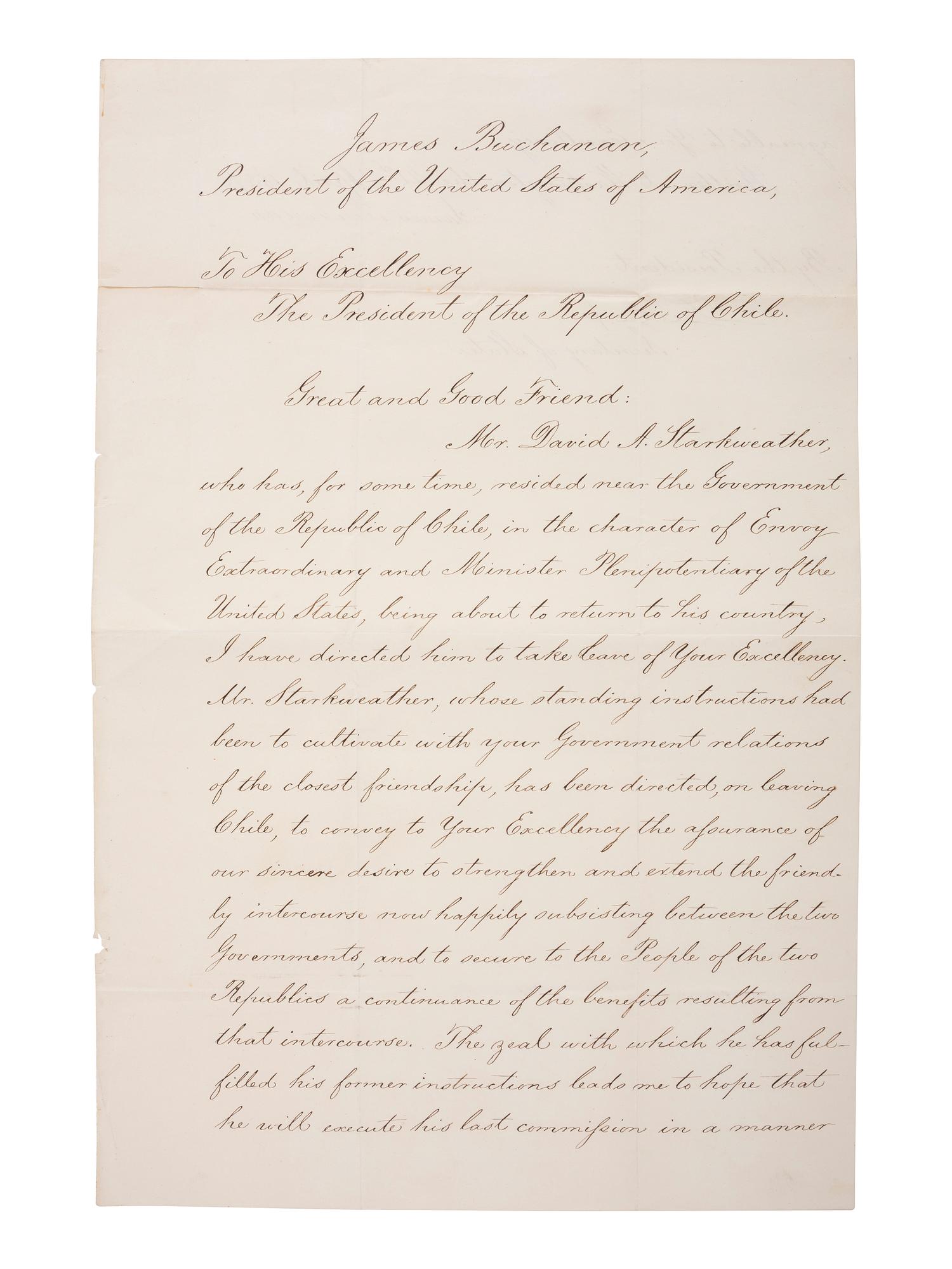 [US PRESIDENTS] -- [BUCHANAN, James (1791-1868)]. Letter Signed as President, to Chilean President Manuel Montt. Washington, DC, 21 April 1857.