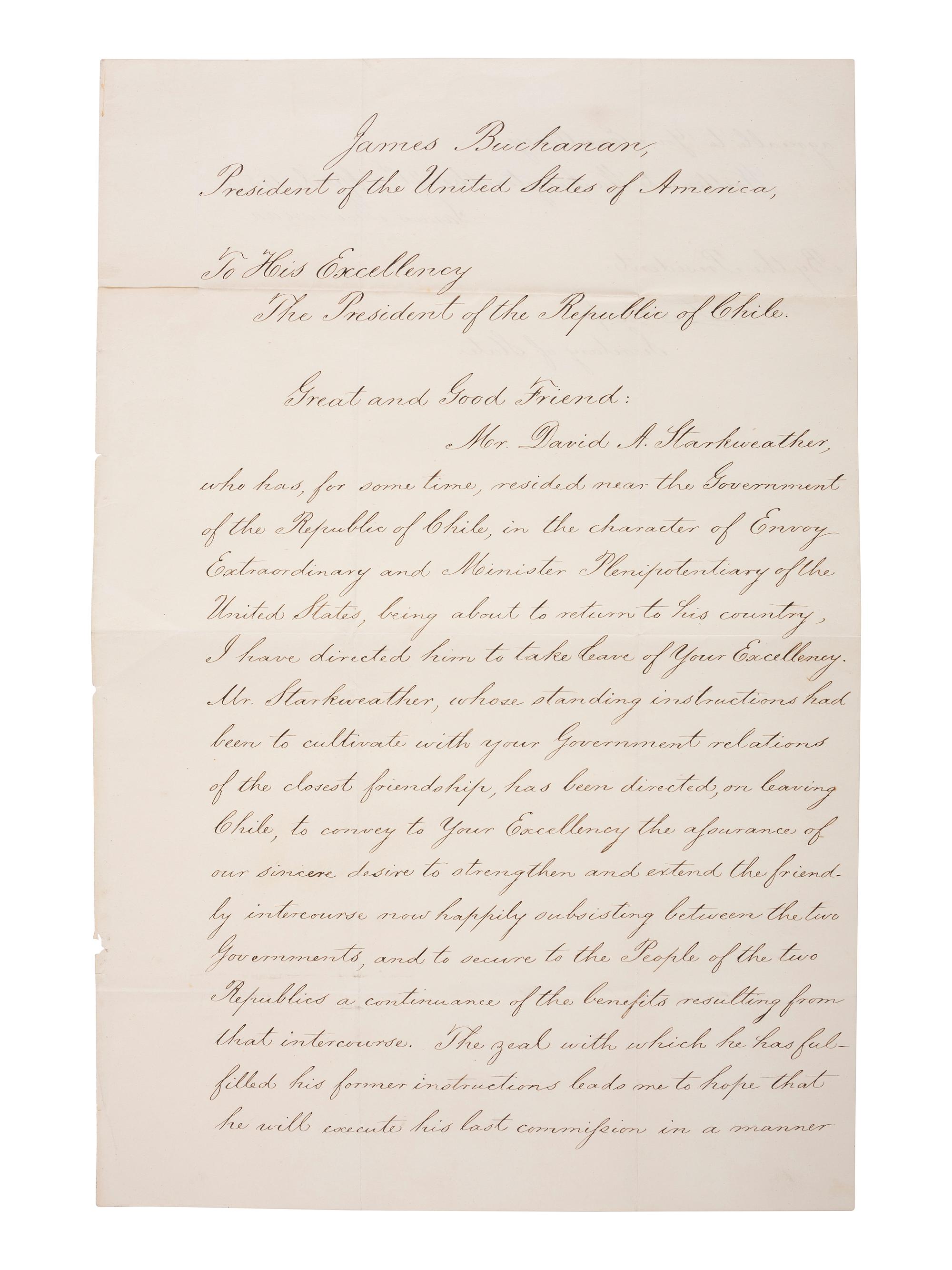 [US PRESIDENTS] -- [BUCHANAN, James (1791-1868)]. Letter Signed as President, to Chilean President Manuel Montt. Washington, DC, 21 April 1857.