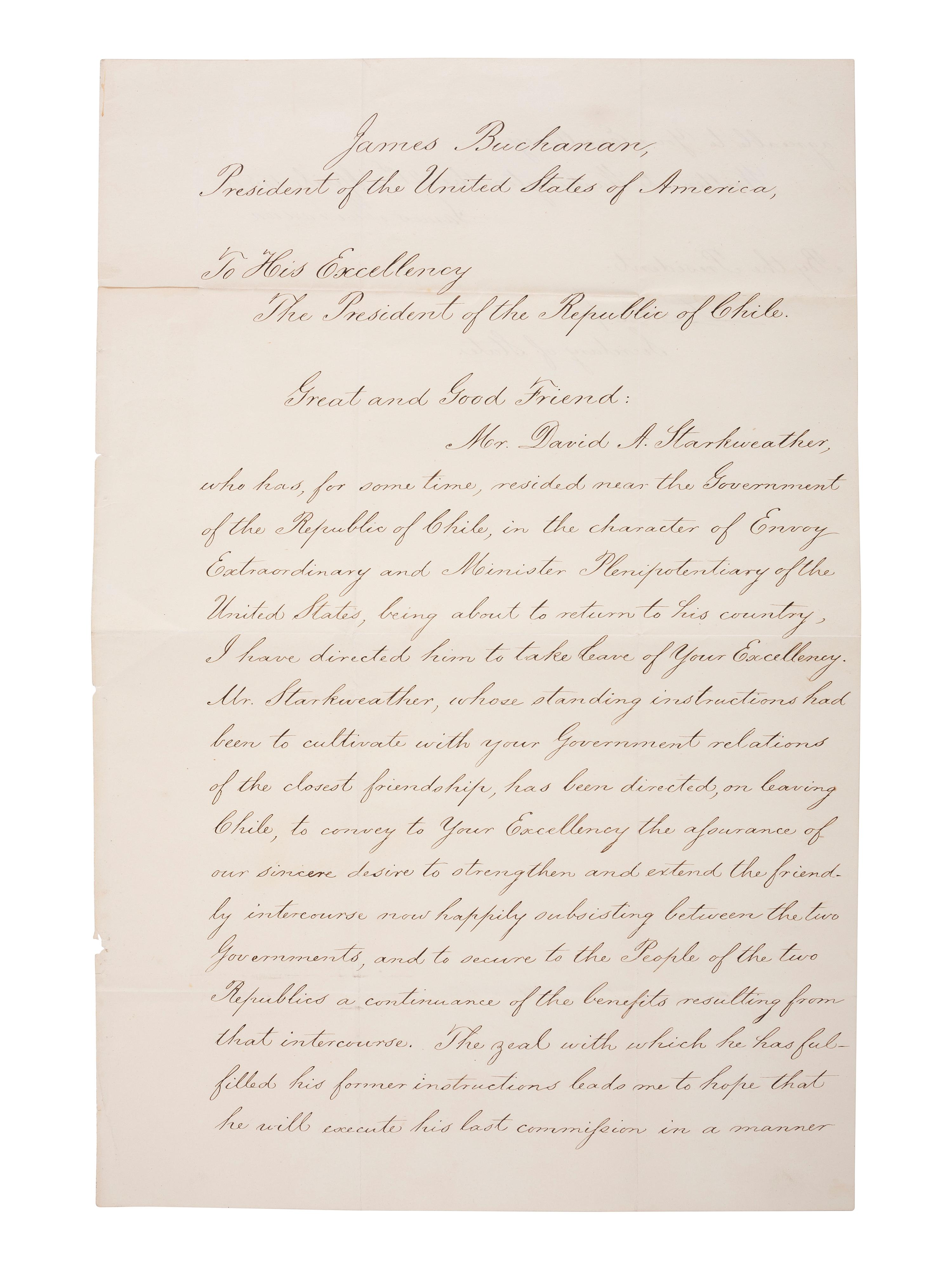 [US PRESIDENTS] -- [BUCHANAN, James (1791-1868)]. Letter Signed as President, to Chilean President Manuel Montt. Washington, DC, 21 April 1857.