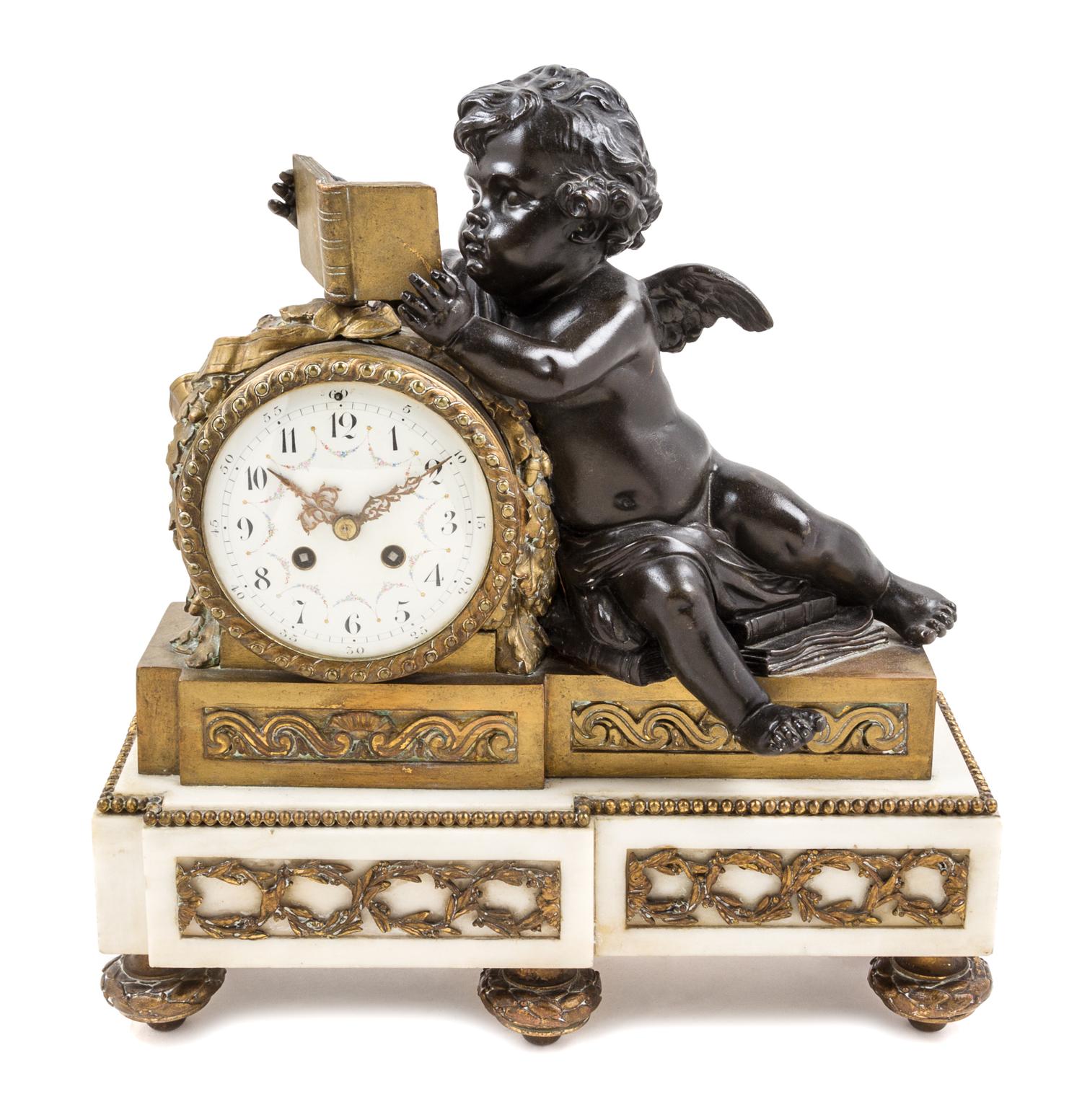 A Louis XVI Style Gilt and Patinated Bronze and Marble Mantel Clock Height 16 1/2 x width 15 3/4 inches. — LATE 19TH/EARLY 20TH CENTURY