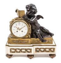 A Louis XVI Style Gilt and Patinated Bronze and Marble Mantel Clock Height 16 1/2 x width 15 3/4 inches. — LATE 19TH/EARLY 20TH CENTURY
