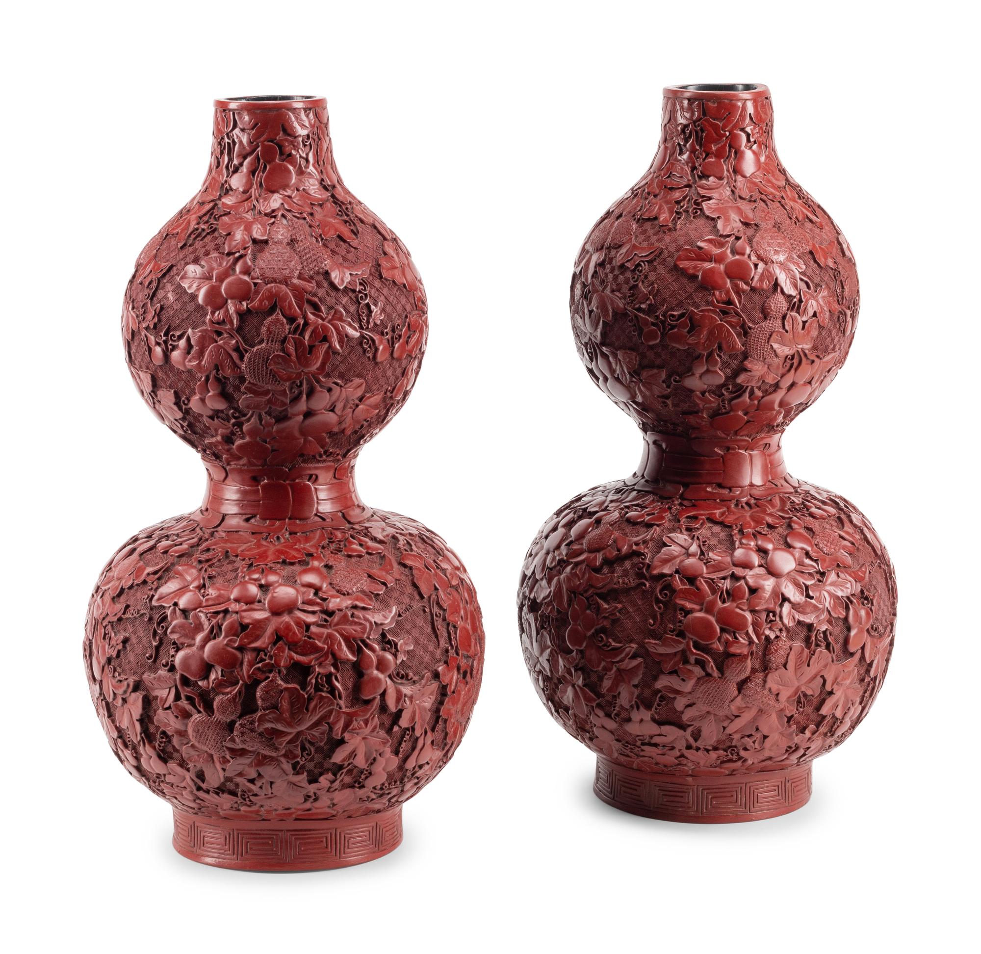 A Pair of Chinese Export Carved Red Lacquer Double-Gourd Vases