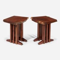 Jeffrey Greene (American, 21st century) Pair of Live-Edge End Tables With Three-Column Bases, Doylestown, PA, 21st century