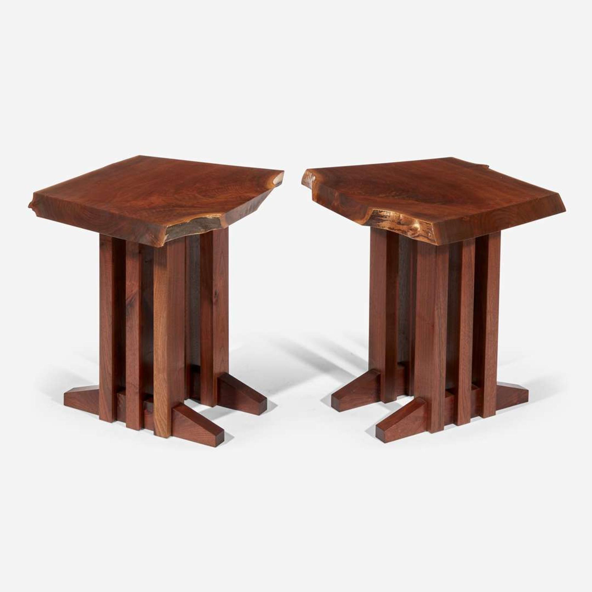 Jeffrey Greene (American, 21st century) Pair of Live-Edge End Tables With Three-Column Bases, Doylestown, PA, 21st century
