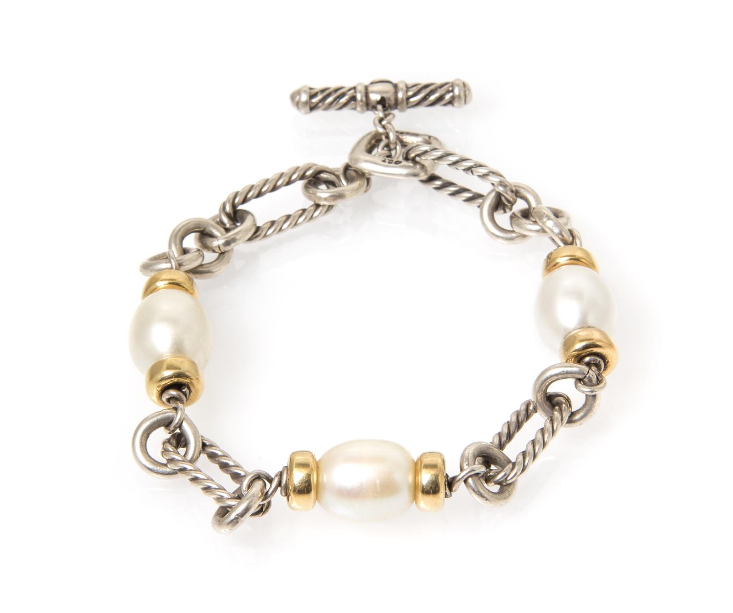A Sterling Silver, 18 Karat Yellow Gold and Cultured Pearl Bracelet, David Yurman, 12.10 dwts.