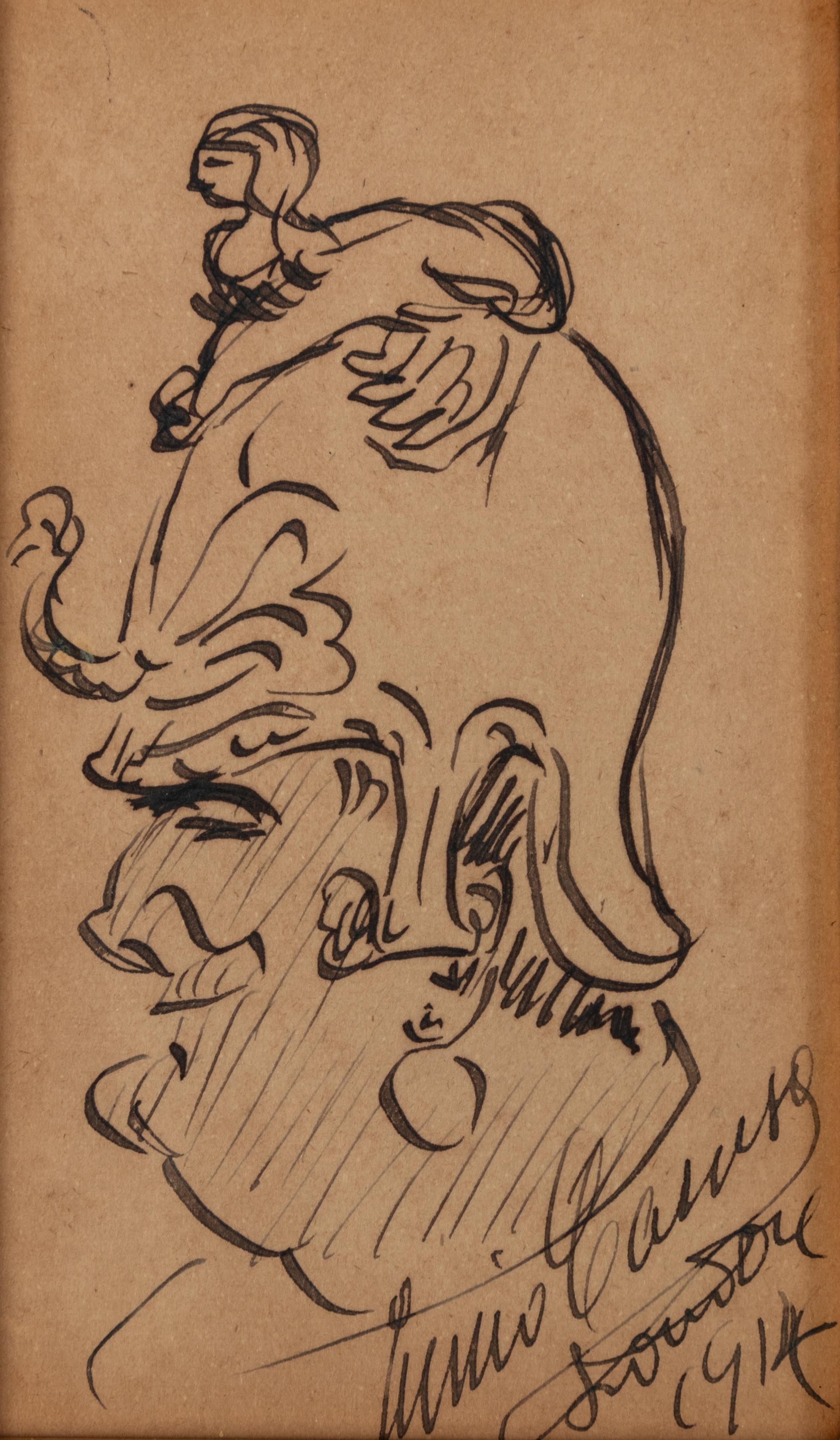 CARUSO, Enrico (1873-1921). Original drawing, self portrait caricature as Radames, in pen and ink, signed and dated lower margin ("Enrico Caruso London 1914").