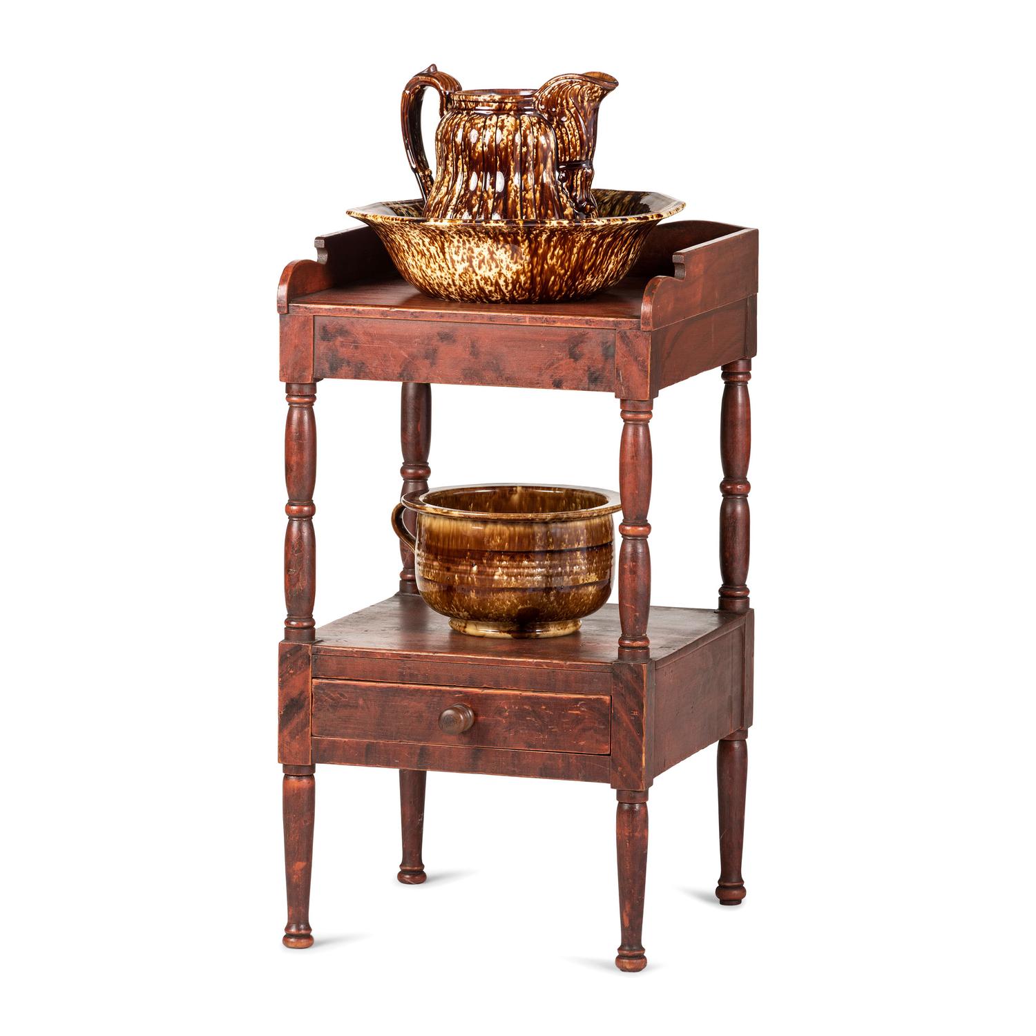 A Painted Wood Wash Stand with a Flint Enamel Water Pitcher and Wash Basin