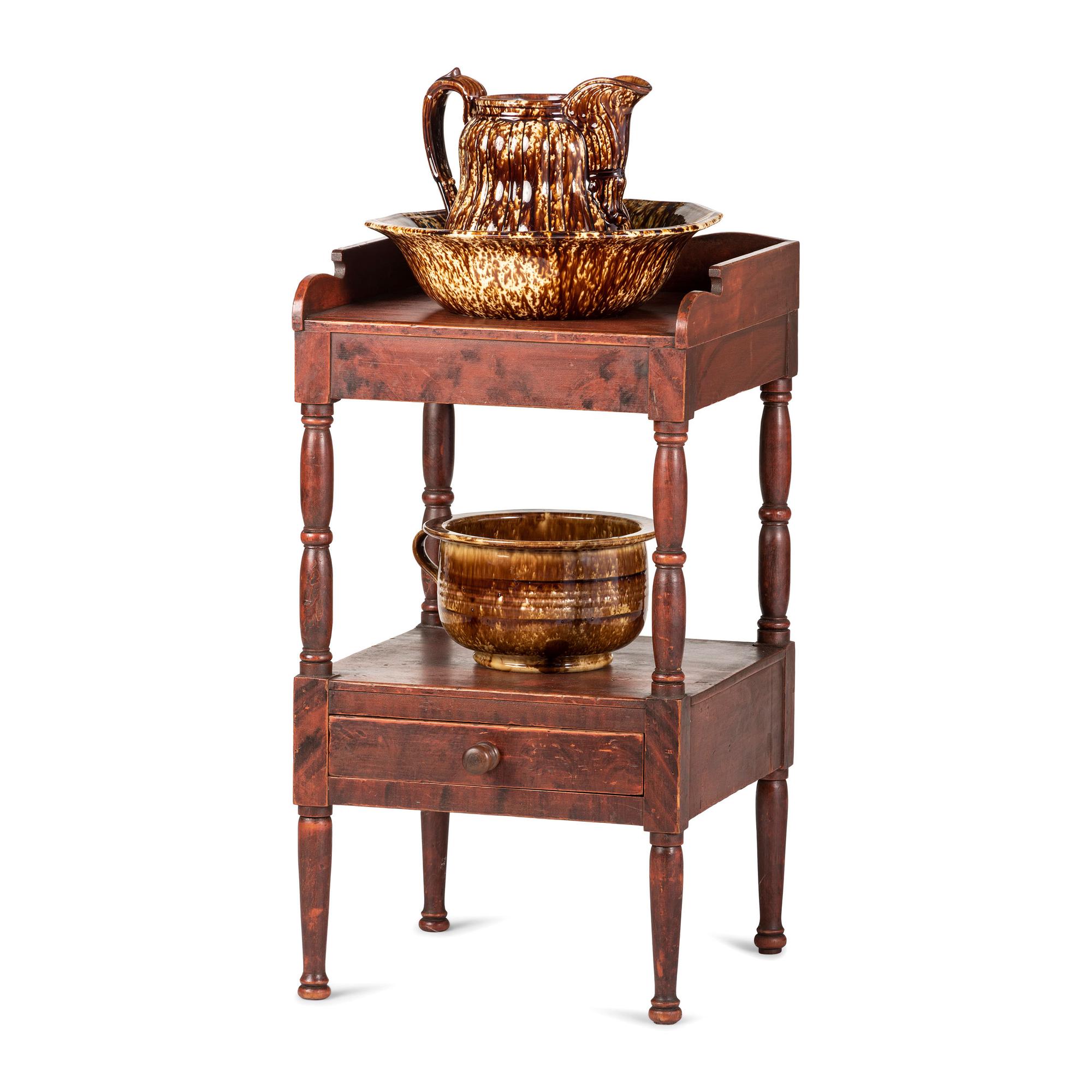 A Painted Wood Wash Stand with a Flint Enamel Water Pitcher and Wash Basin
