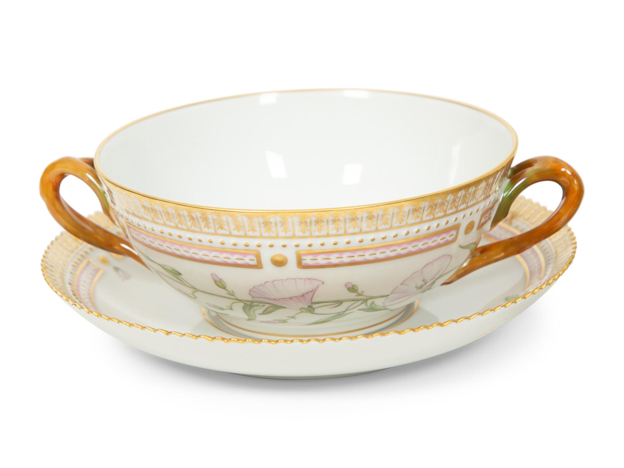 Eight Royal Copenhagen Flora Danica Porcelain Bouillon Cups and Four Saucers