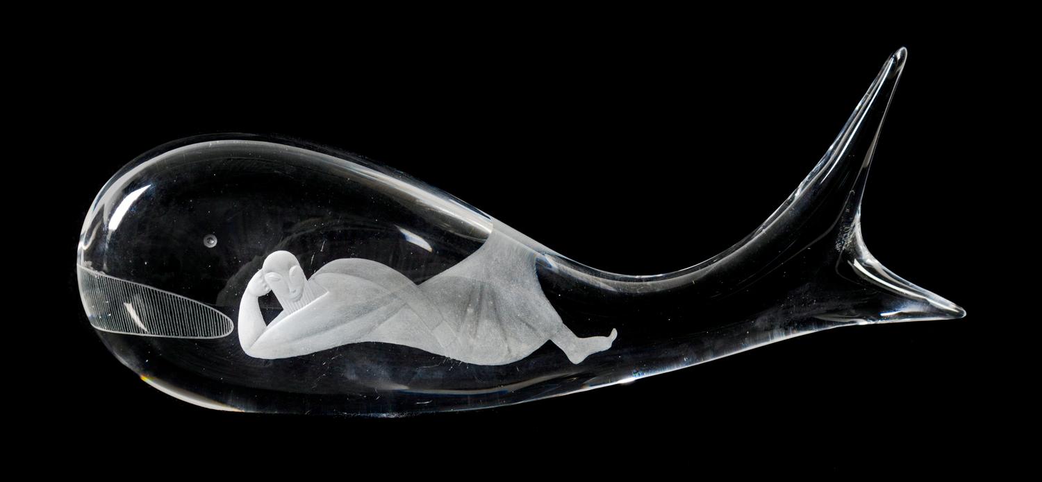 A Kosta Glass Jonah and the Whale Sculpture Length 15 3/4 inches. — 20TH CENTURY
