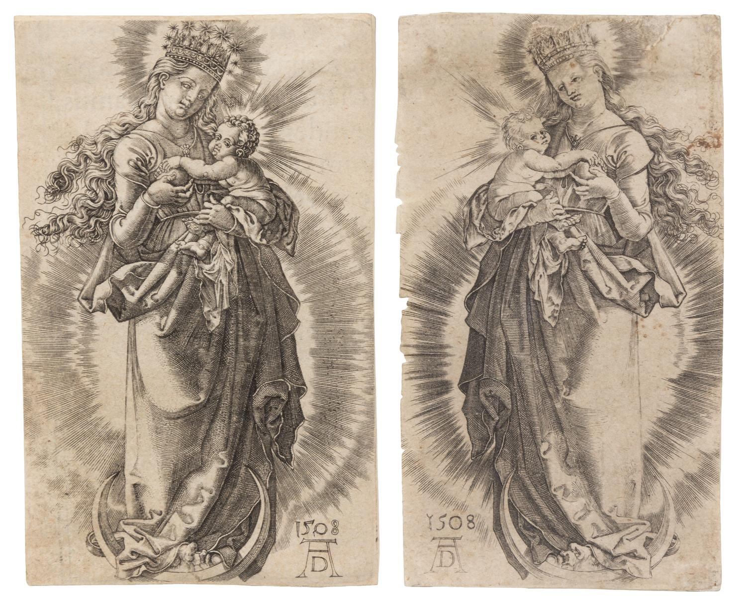 Albrecht Durer, (German, 1471-1528), Virgin on a Crescent with a Starry Crown 1508 (accompanied by an additional engraving after Durer)