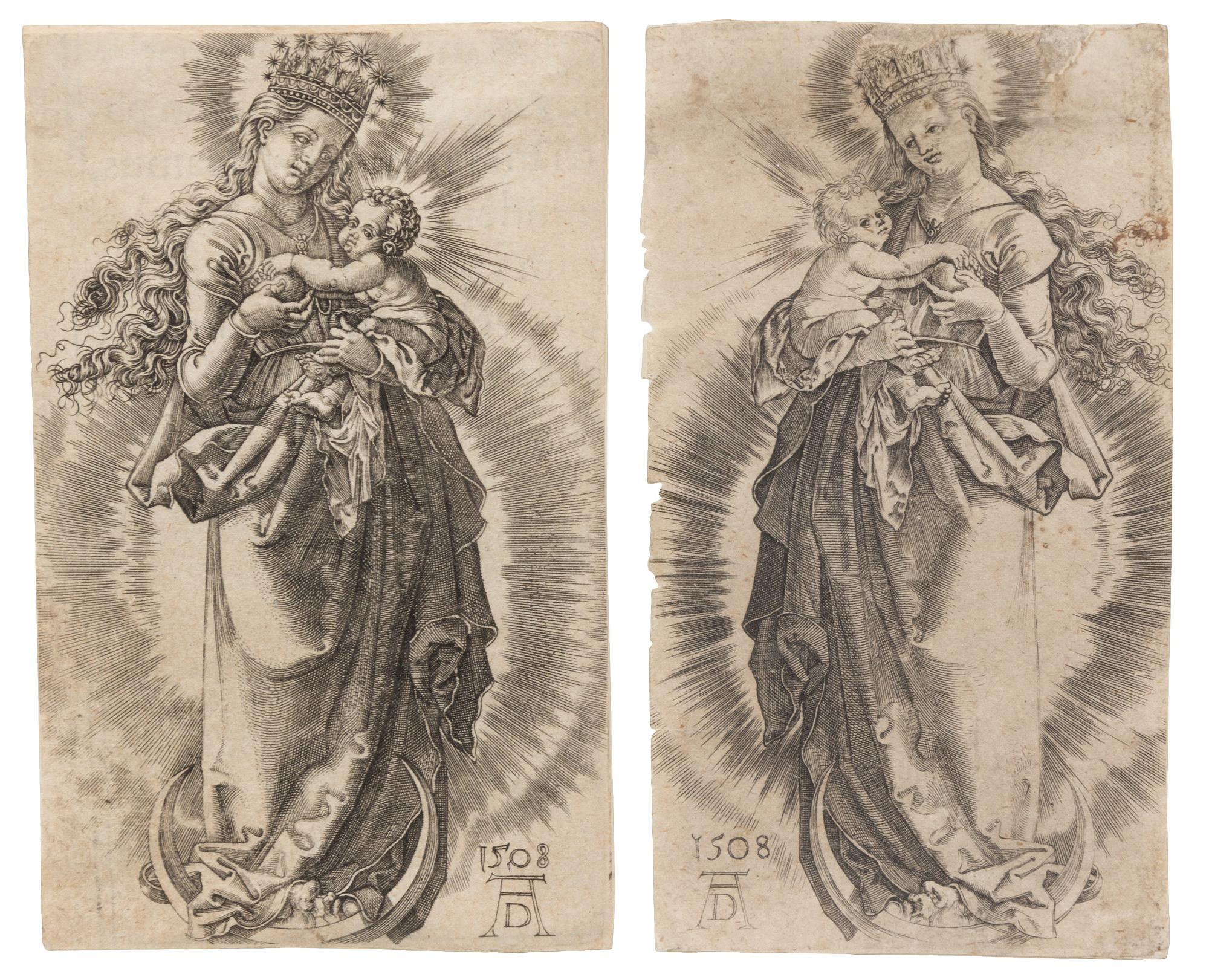 Albrecht Durer, (German, 1471-1528), Virgin on a Crescent with a Starry Crown 1508 (accompanied by an additional engraving after Durer)