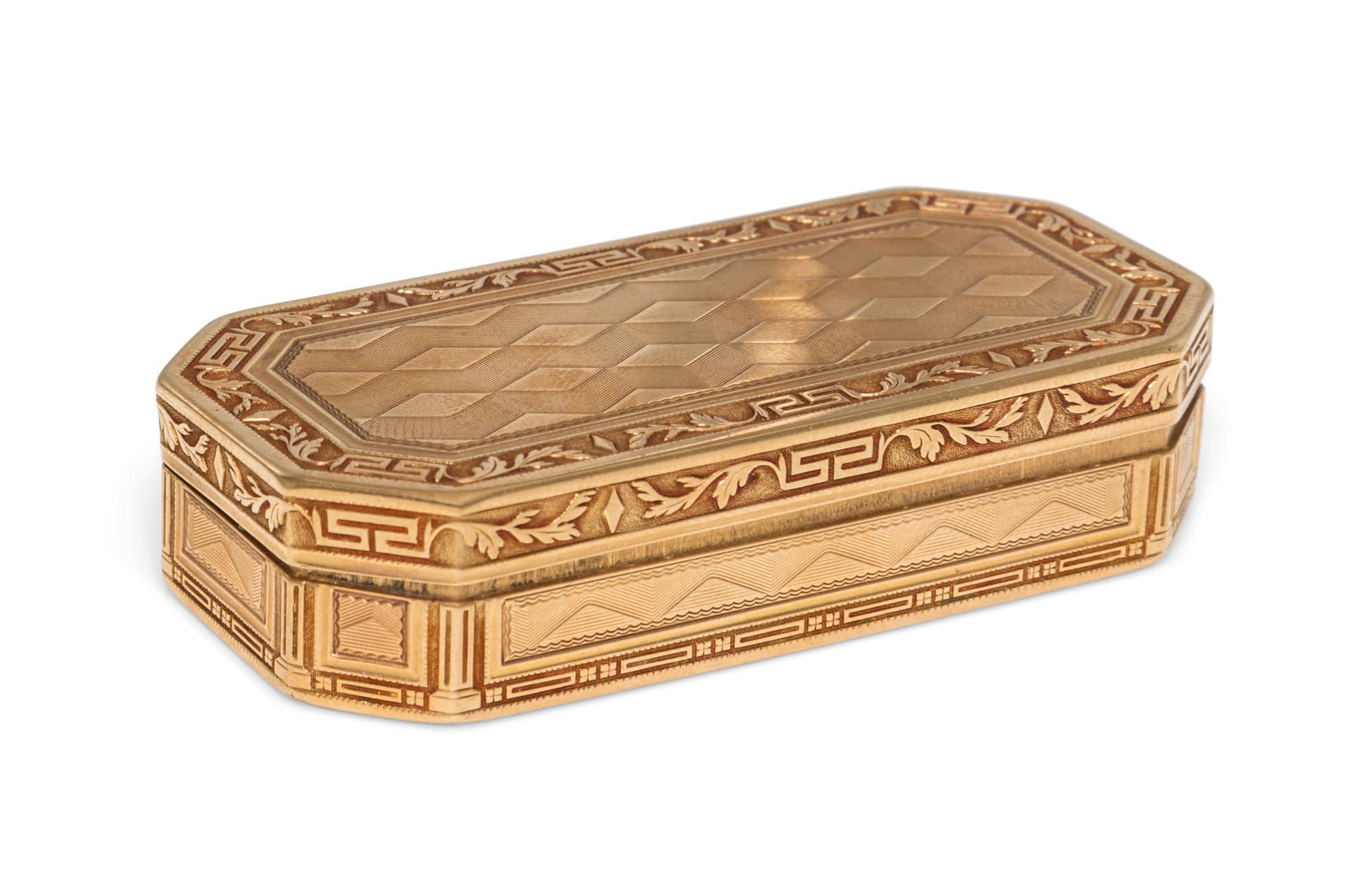 A French Yellow Gold Patch Box, 18th/19th Century, of rectangular form with canted corners, the borders decorated in alternating foliat
