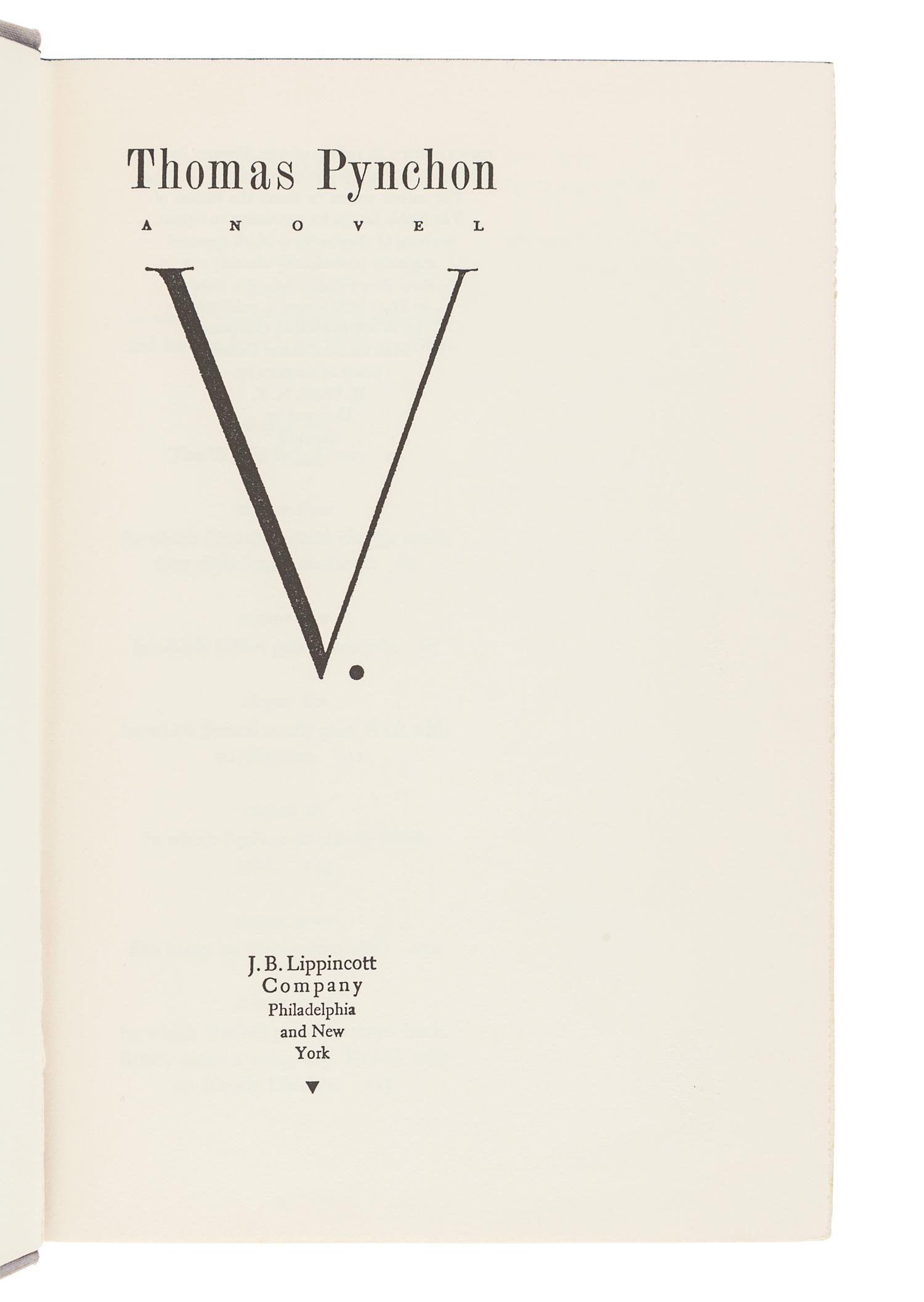 PYNCHON, Thomas (b. 1937). V. Philadelphia and New York: J. B. Lippincott, 1963.
