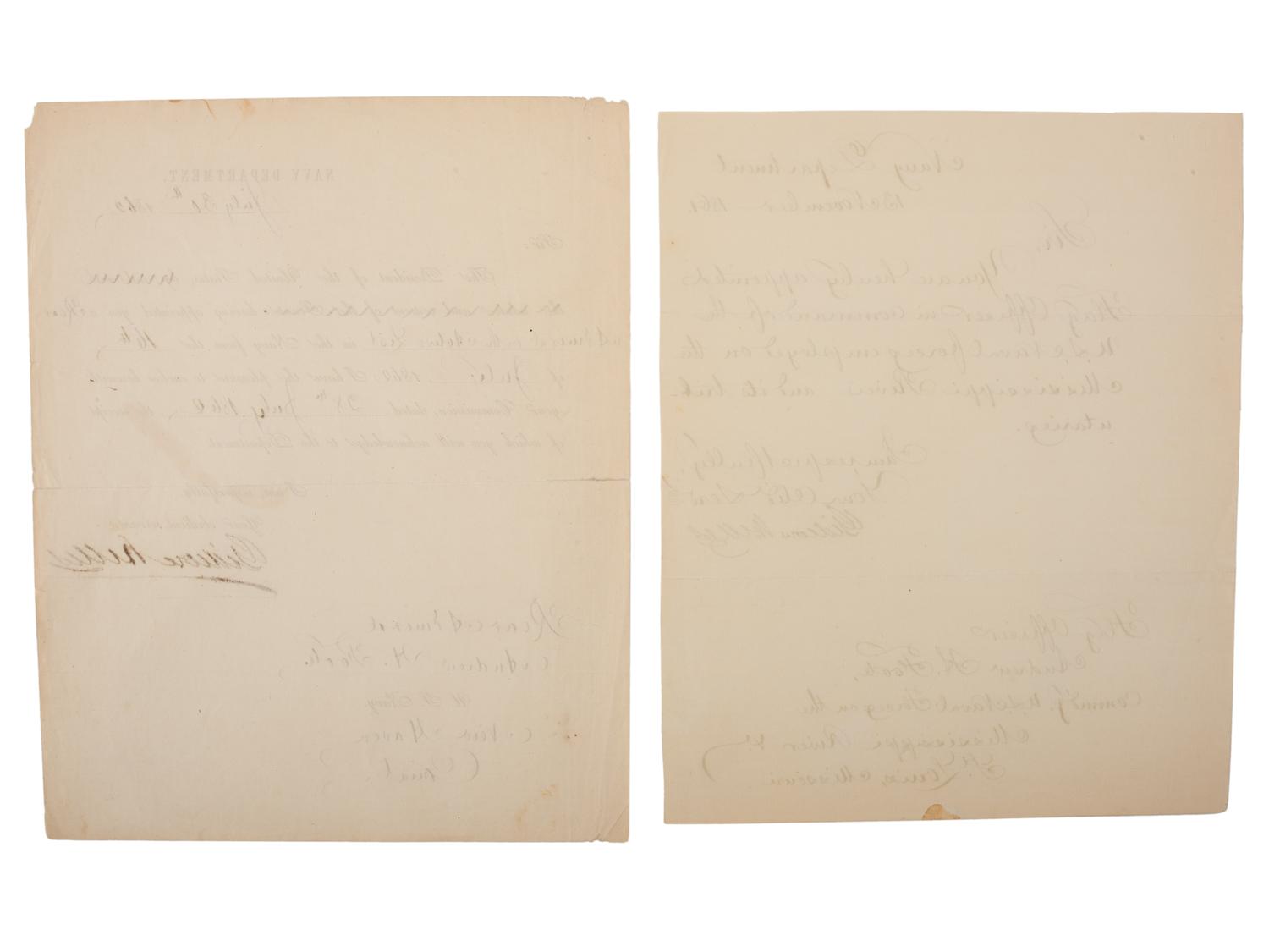 [CIVIL WAR - NAVY]. WELLES, Gideon (1802-1878). 4 letters and documents signed ("Gideon Welles"), as Secretary of the Navy, to Andrew H. Foote (1806-1863), regarding Foote's commands. [Washington, D.C.], Navy Department, 1861-1862.
