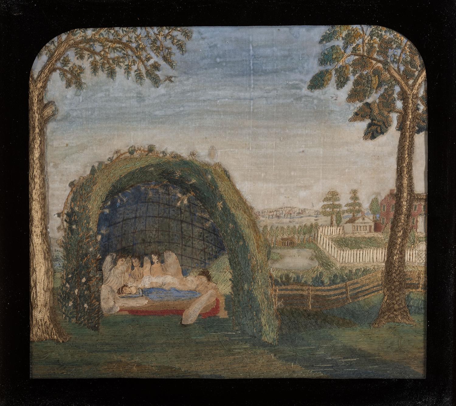 A Silkwork Embroidered Picture of a Landscape with Woman Sleeping, 19th Century