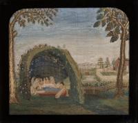 A Silkwork Embroidered Picture of a Landscape with Woman Sleeping, 19th Century