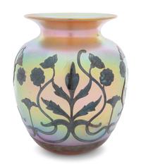 A Large Quezal Silver Overlay Glass Vase
