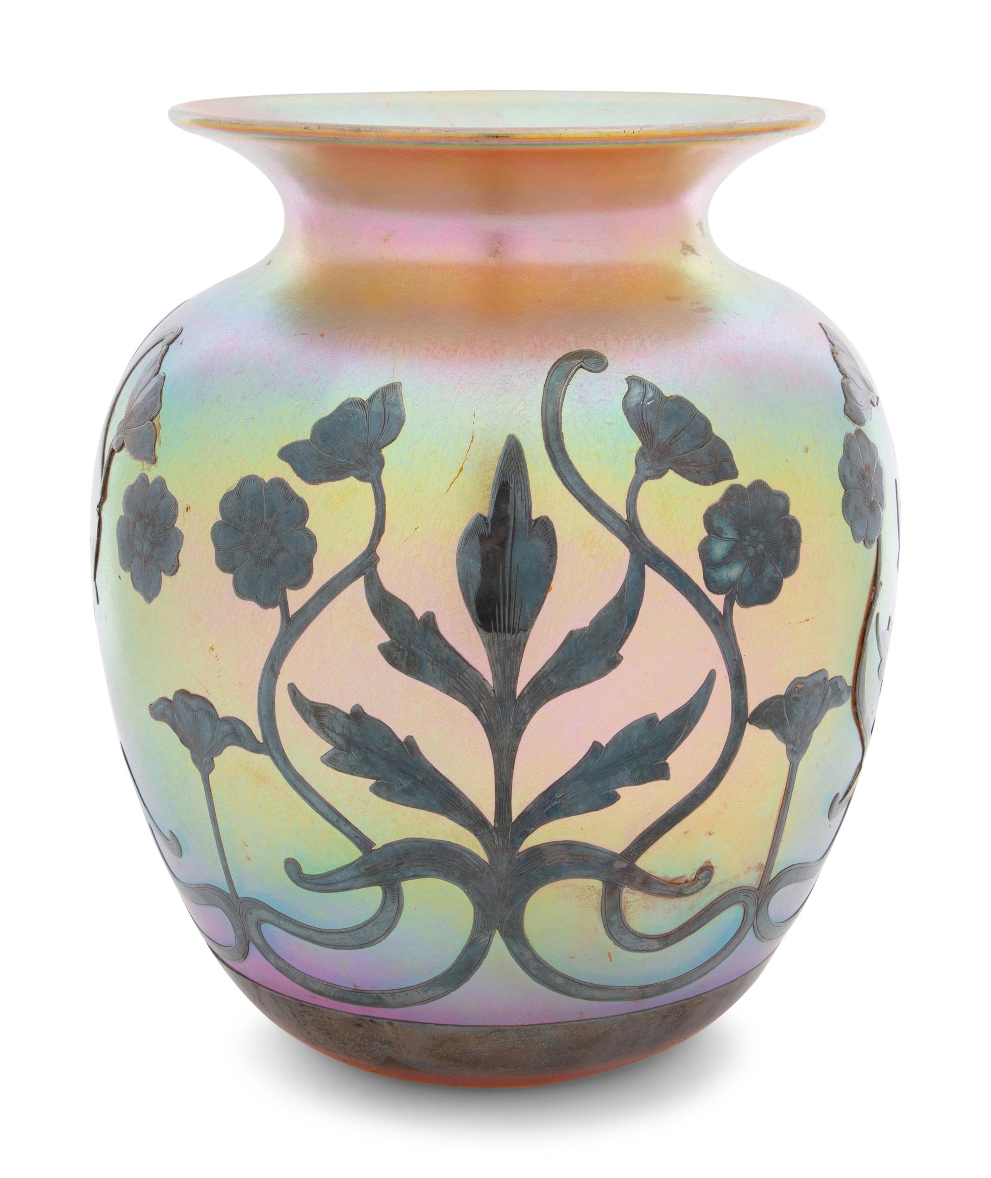 A Large Quezal Silver Overlay Glass Vase