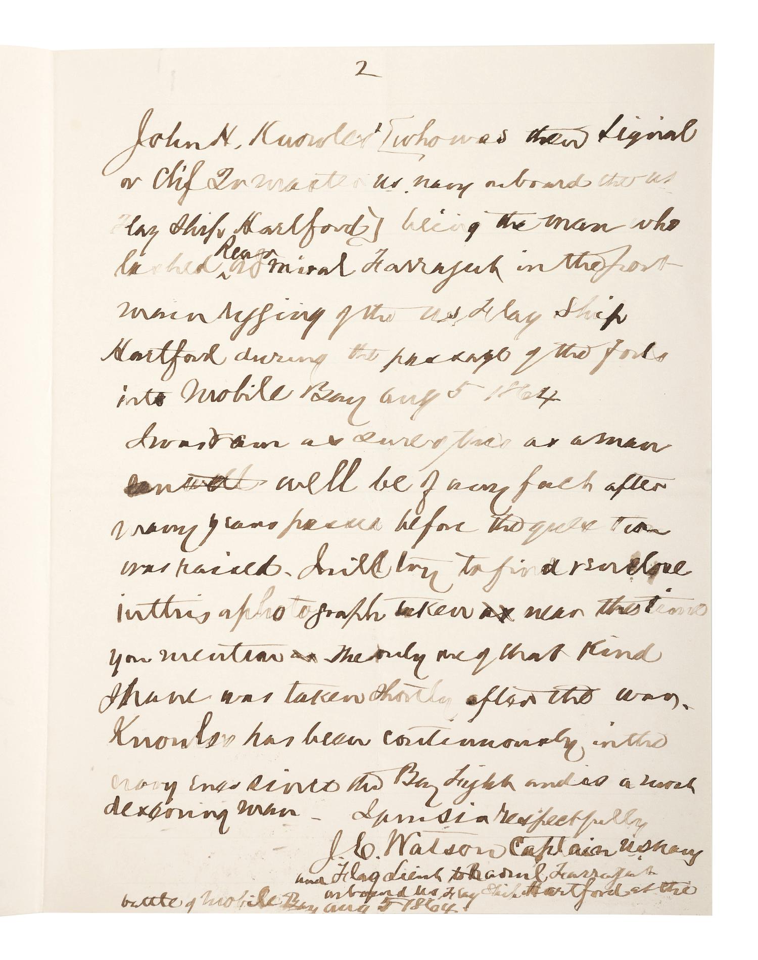 [CIVIL WAR - NAVY]. A group of 9 documents related to Robert Coster and his efforts to confirm the identity of the man who lashed Rear Admiral David G. Farragut to the rigging of the Hartford at the Battle of Mobile Bay.