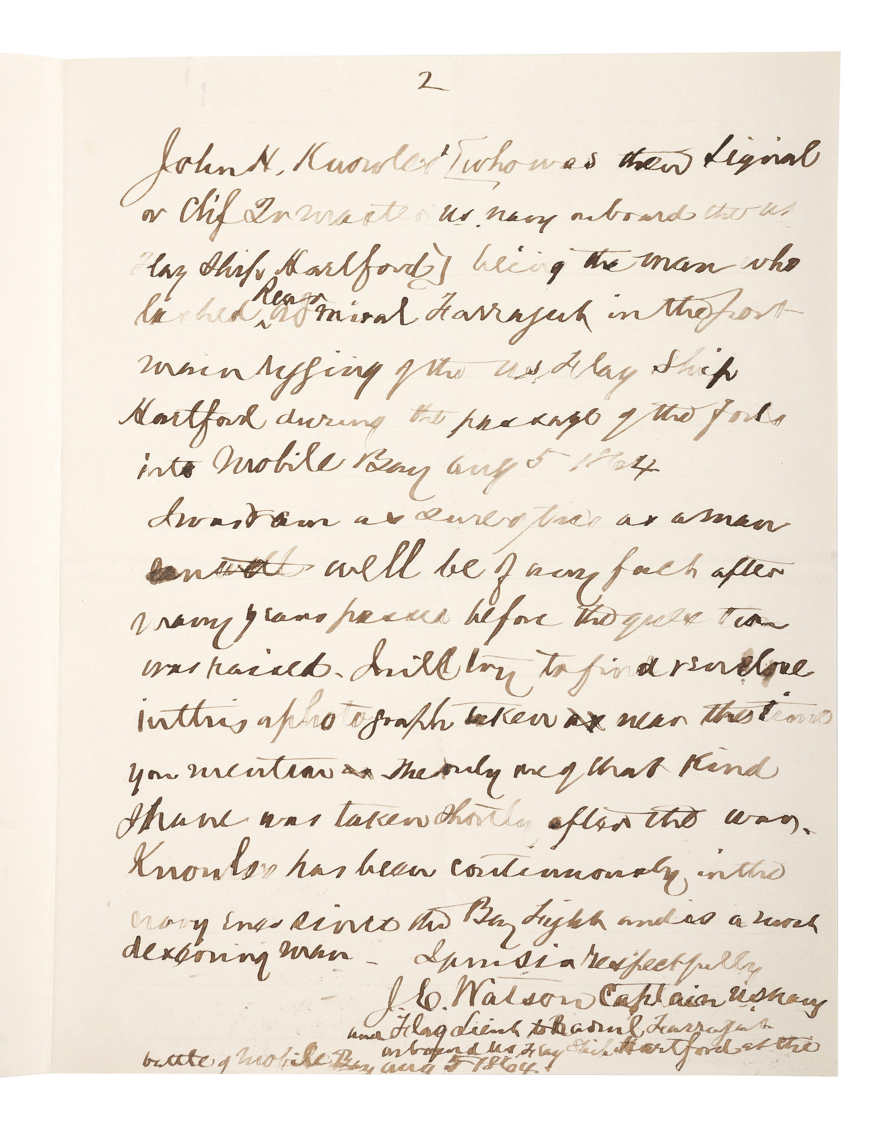 [CIVIL WAR - NAVY]. A group of 9 documents related to Robert Coster and his efforts to confirm the identity of the man who lashed Rear Admiral David G. Farragut to the rigging of the Hartford at the Battle of Mobile Bay.