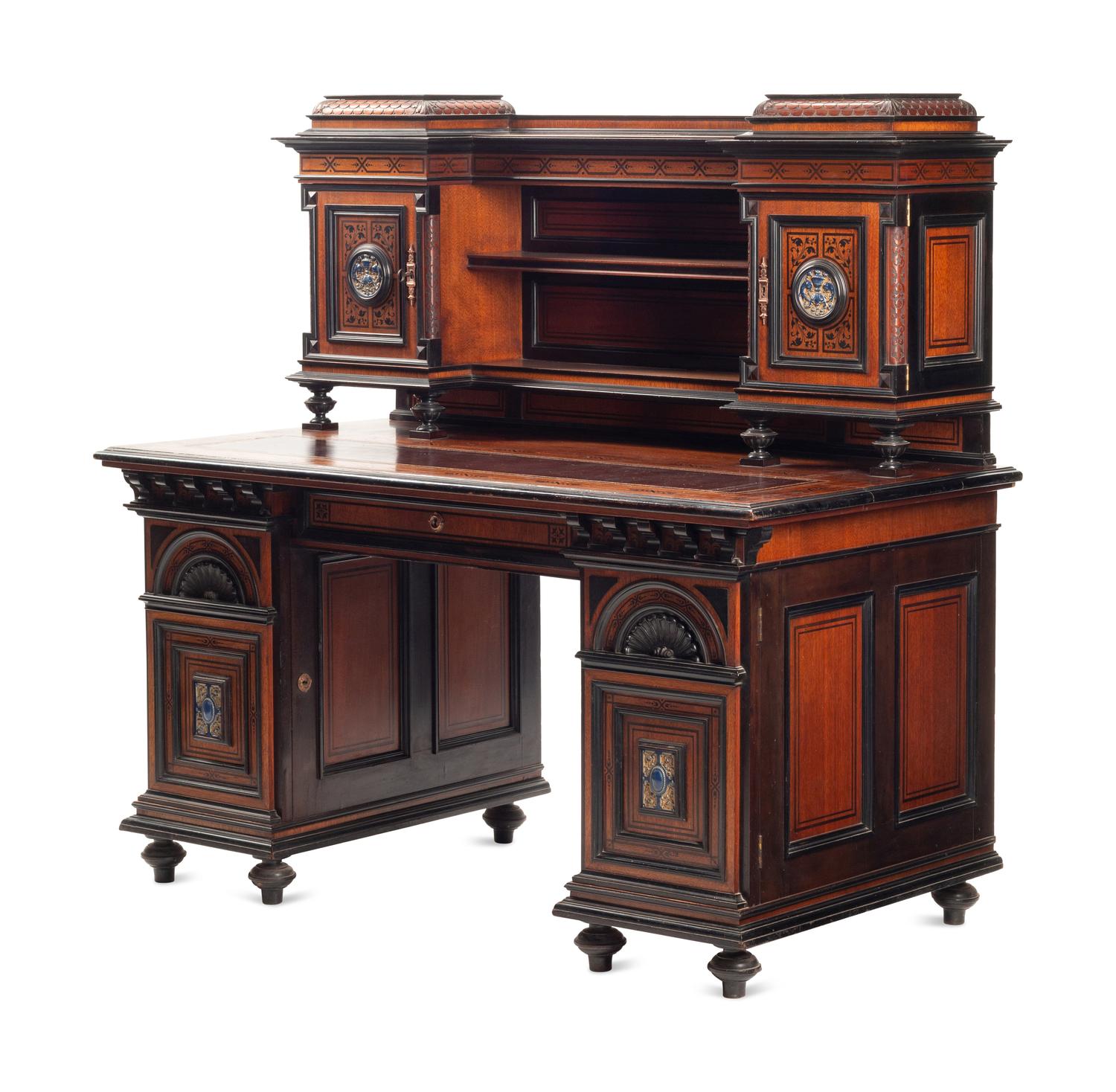 An English Aesthetic Movement Walnut, Part Ebonized and Glazed Earthenware Plaque-Inset Bureau Cabinet