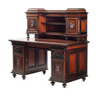 An English Aesthetic Movement Walnut, Part Ebonized and Glazed Earthenware Plaque-Inset Bureau Cabinet