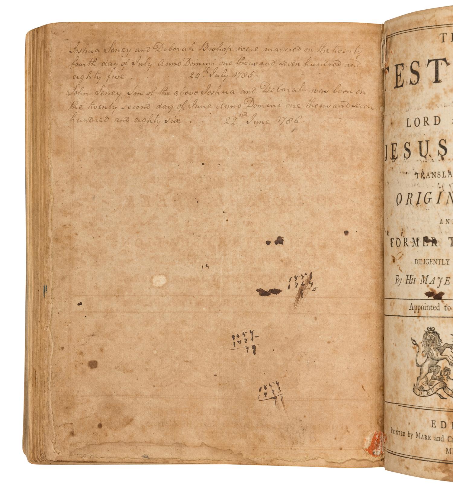 [SENEY, Joshua (1756-1798), his copy]. The Holy Bible- Edinburgh: Mark and Charles Kerr, 1791.