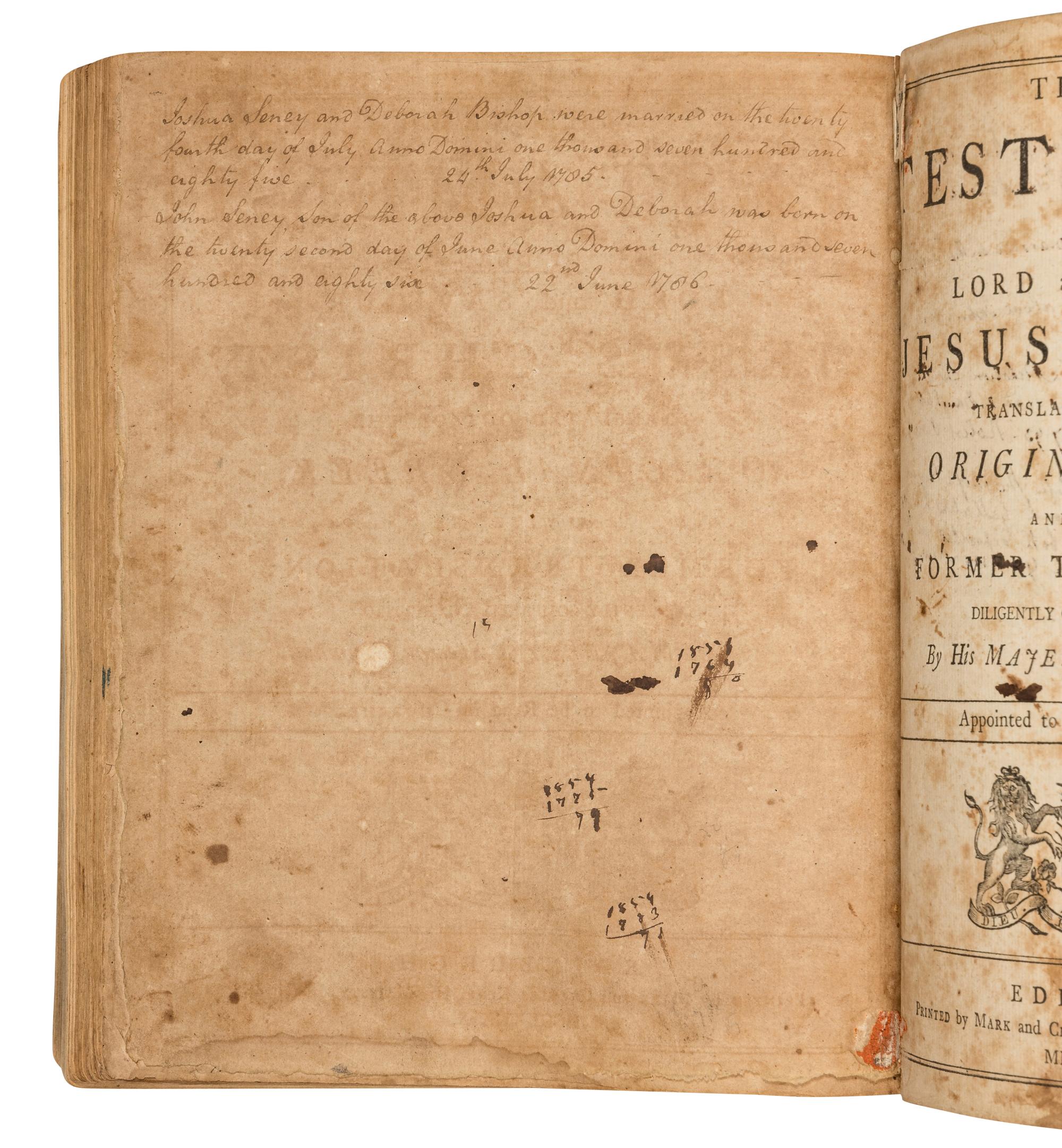 [SENEY, Joshua (1756-1798), his copy]. The Holy Bible- Edinburgh: Mark and Charles Kerr, 1791.