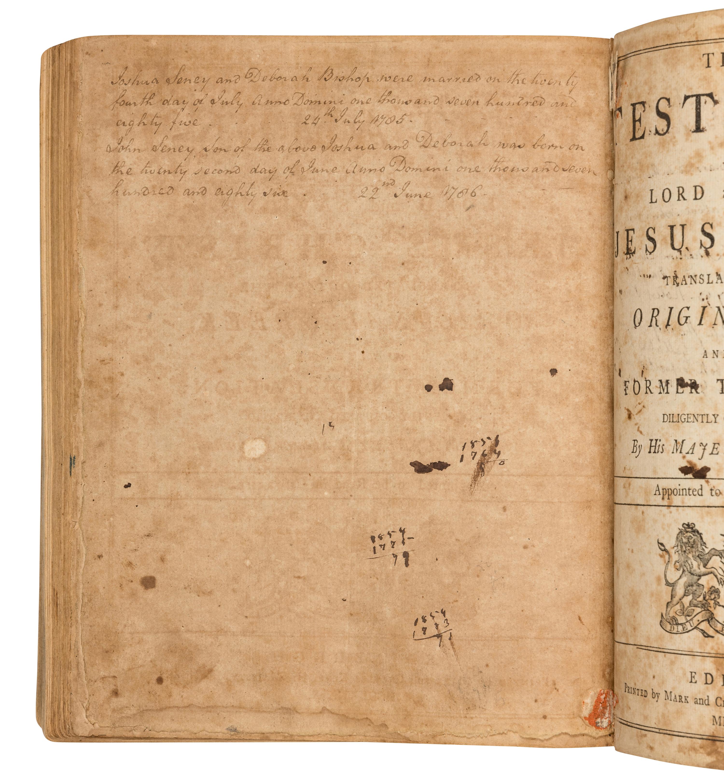 [SENEY, Joshua (1756-1798), his copy]. The Holy Bible- Edinburgh: Mark and Charles Kerr, 1791.