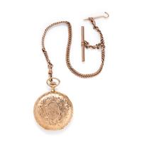 ELGIN, 14K YELLOW GOLD OPEN FACE POCKET WATCH WITH GOLD-FILLED FOB CHAIN