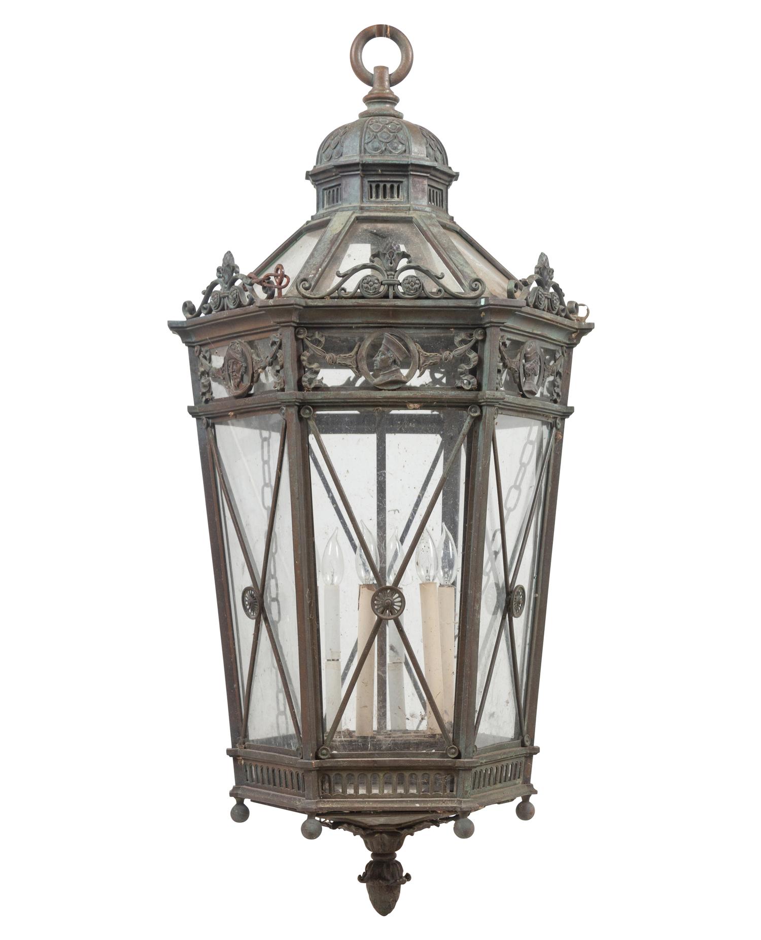 A Large Neoclassical Patinated Metal Hall Lantern