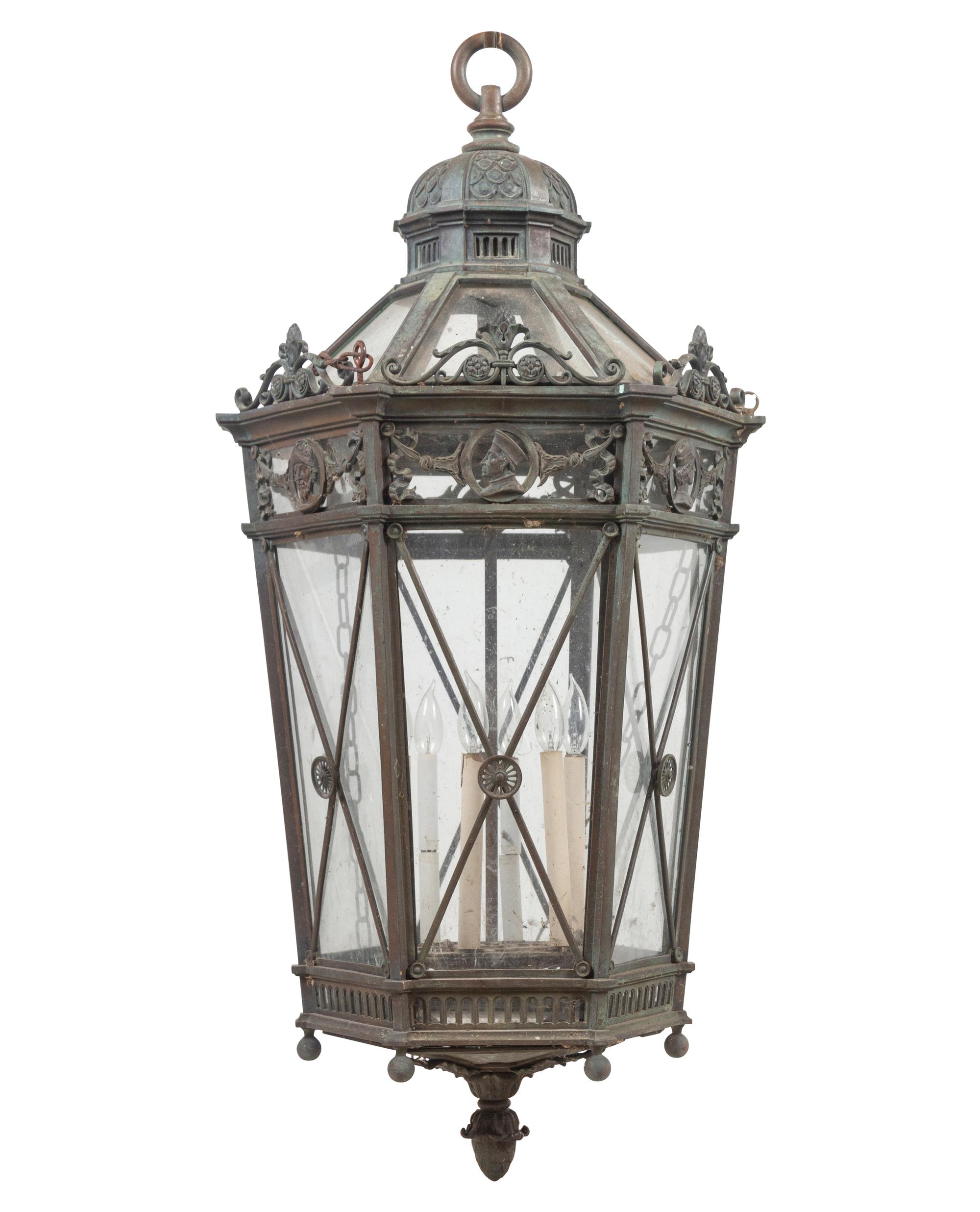 A Large Neoclassical Patinated Metal Hall Lantern