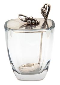 A Danish Silver and Crystal Jam Jar and Spoon, E. Dragsted, Copenhagen, 20th Century, for Stromberg Crystal, having grape motif