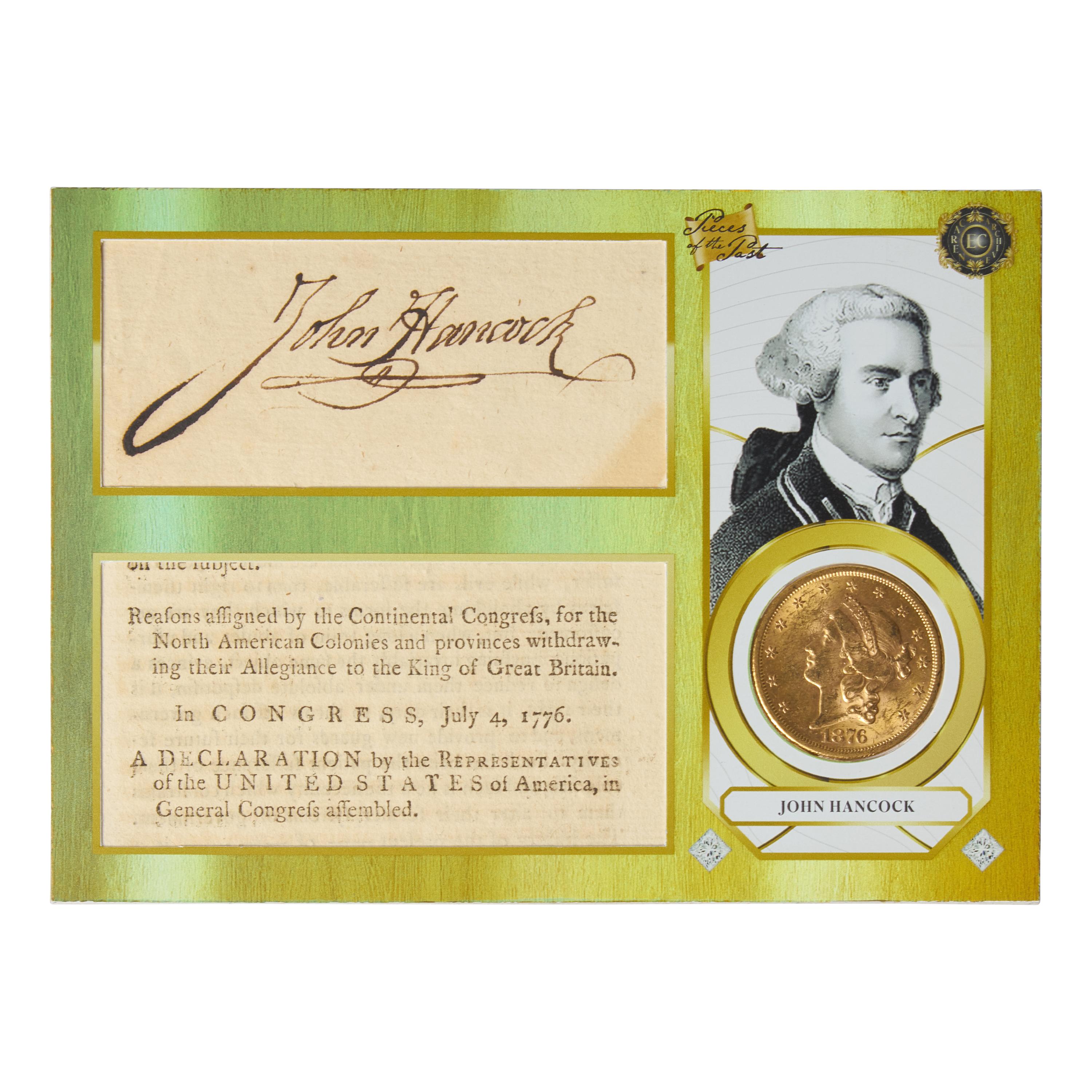 [Hancock, John] 1-of-1 Trading Card with Cut Signature of John Hancock and an 1876 $20 Gold Coin, From the "1776: The Freedom Fighters" Card Set, Created by Eric C. Caren