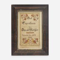Attributed to Jacob Nolt (1798-1852) A Fraktur bookplate: "Property of Jacob Metzler December 10th 1837"