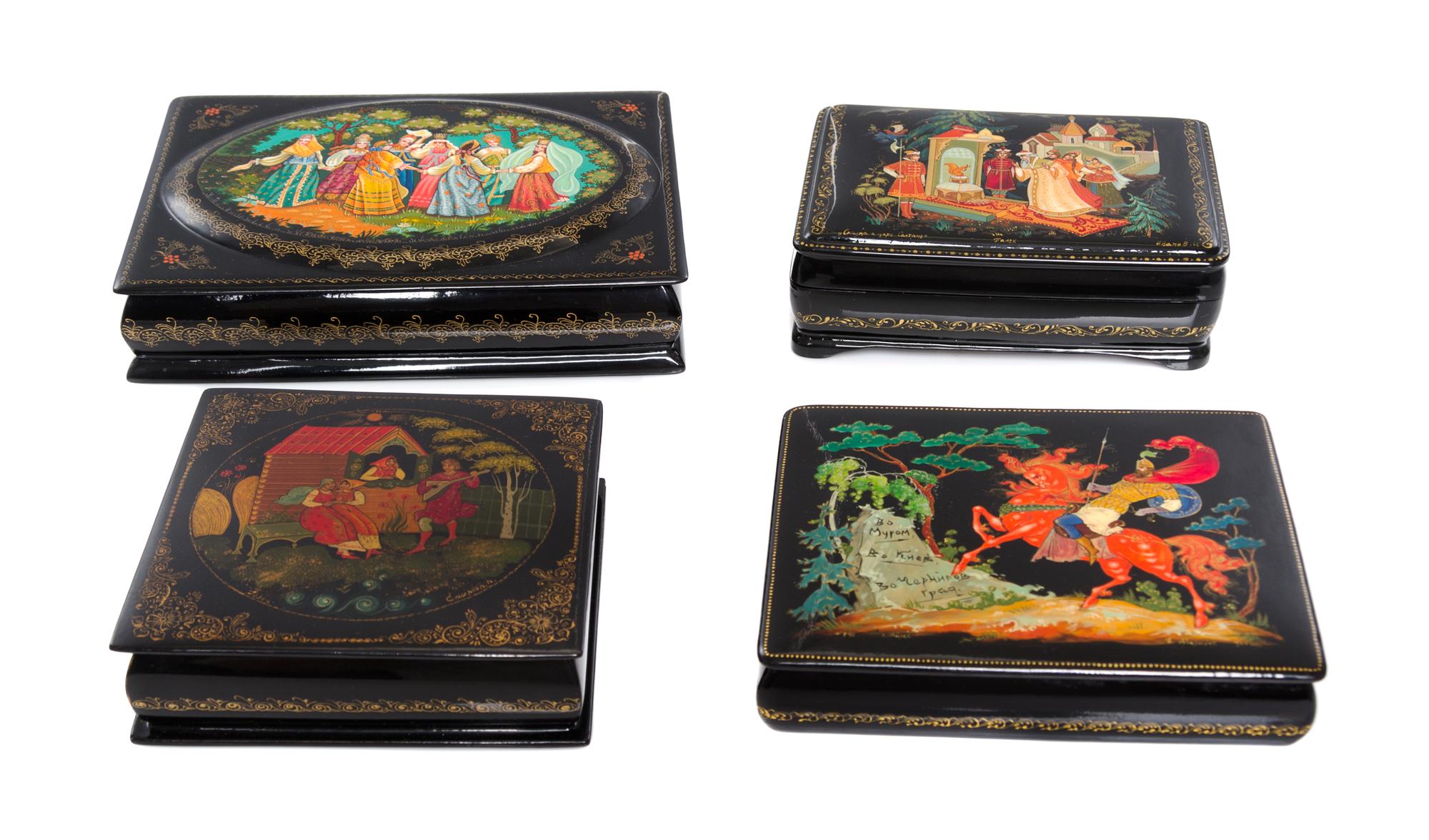 A Collection of Four Russian Lacquered Boxes, 20th Century, each of rectangular form with hinged lid, decorated with folk scenes.