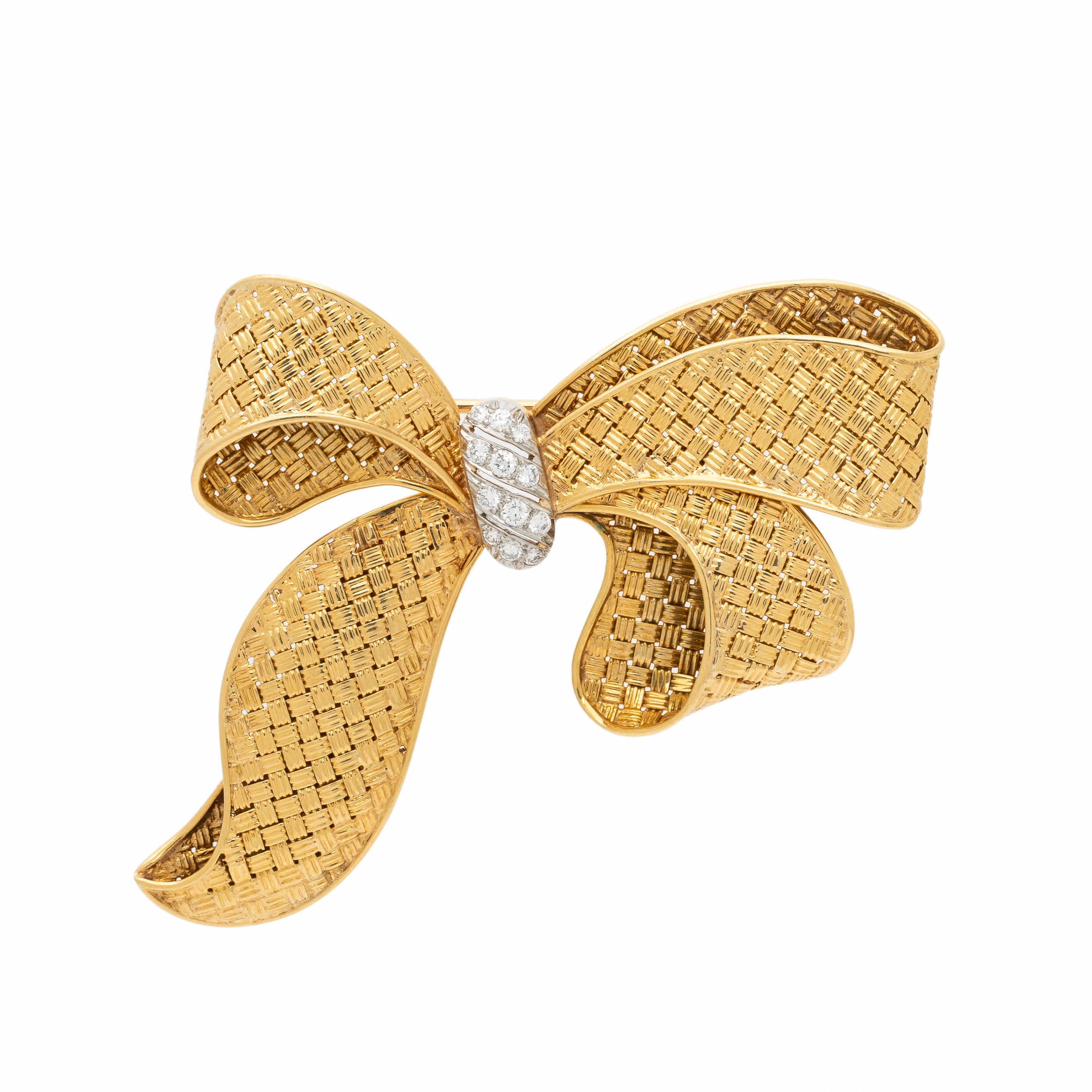 Diamond and Yellow Gold Bow Brooch