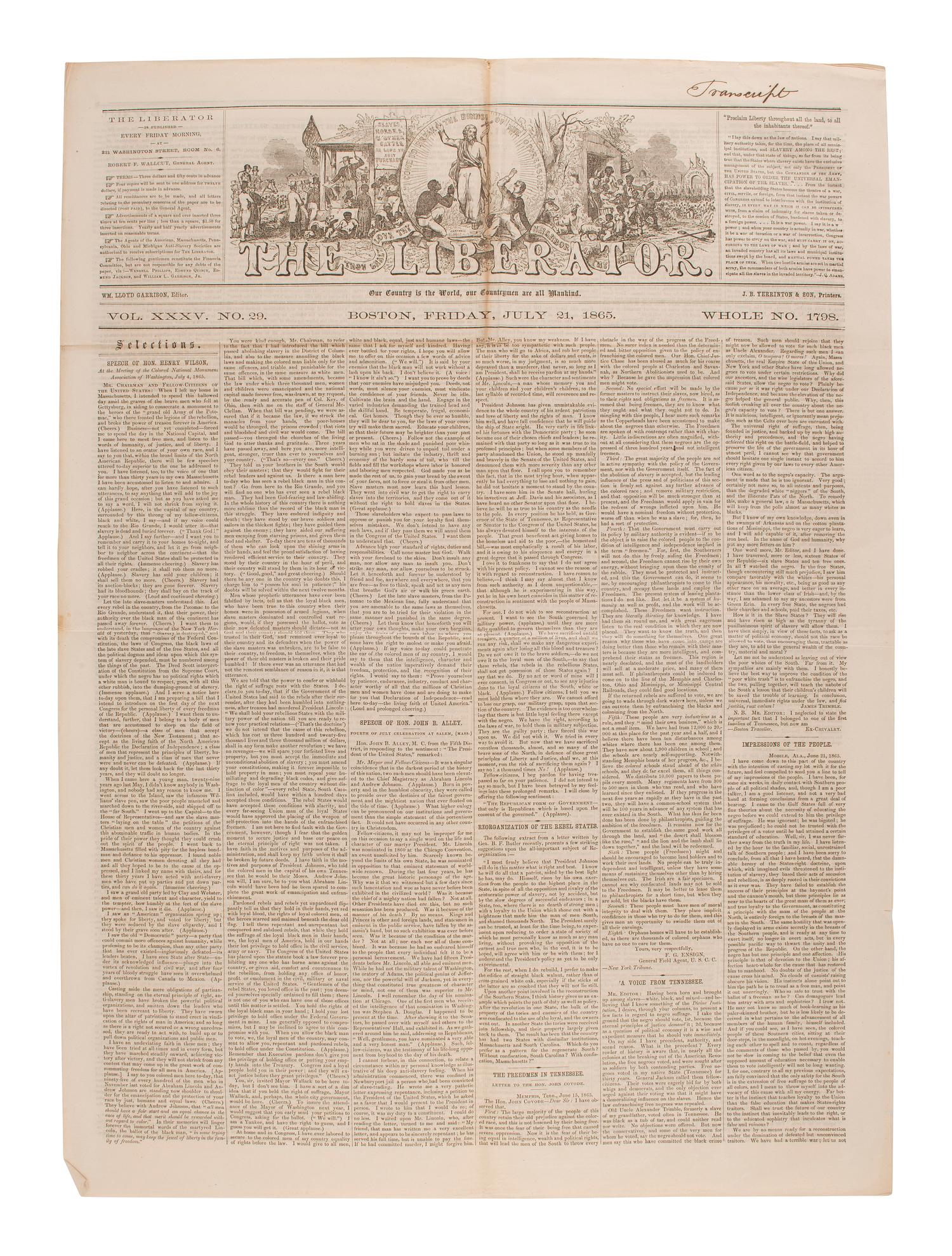 [SLAVERY & ABOLITION]. Four issues of The Liberator , Boston, MA, comprising: