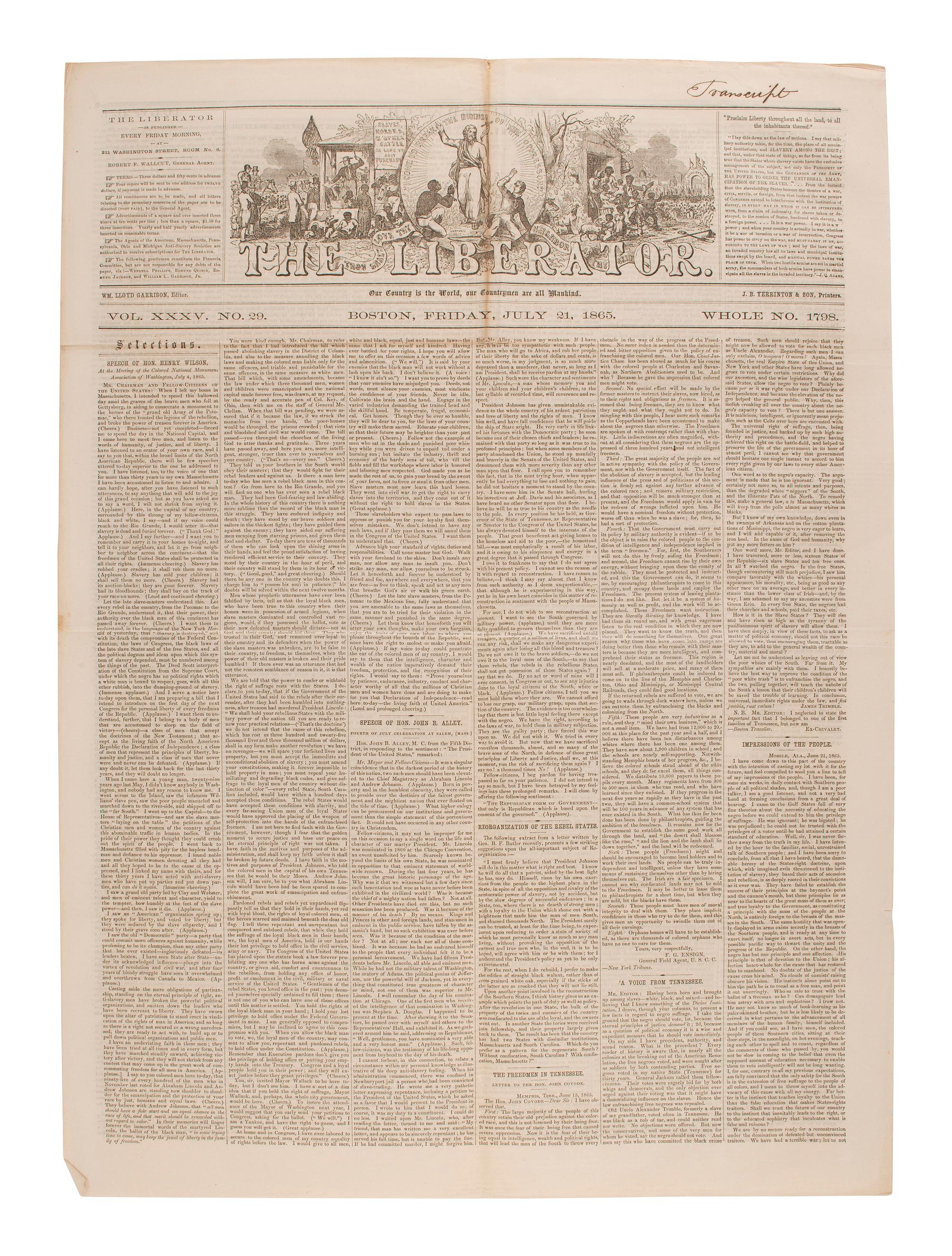 [SLAVERY & ABOLITION]. Four issues of The Liberator , Boston, MA, comprising: