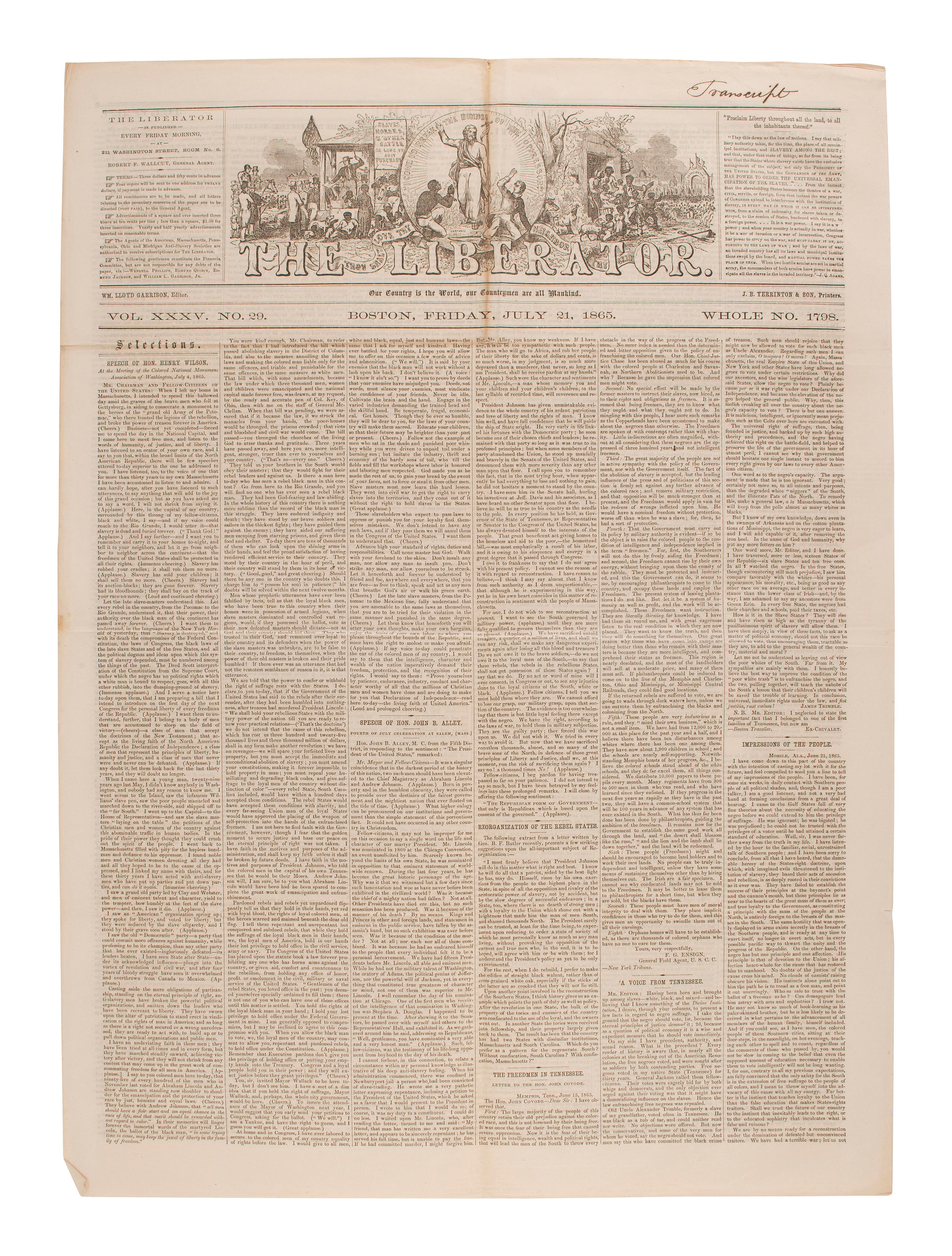 [SLAVERY & ABOLITION]. Four issues of The Liberator , Boston, MA, comprising: