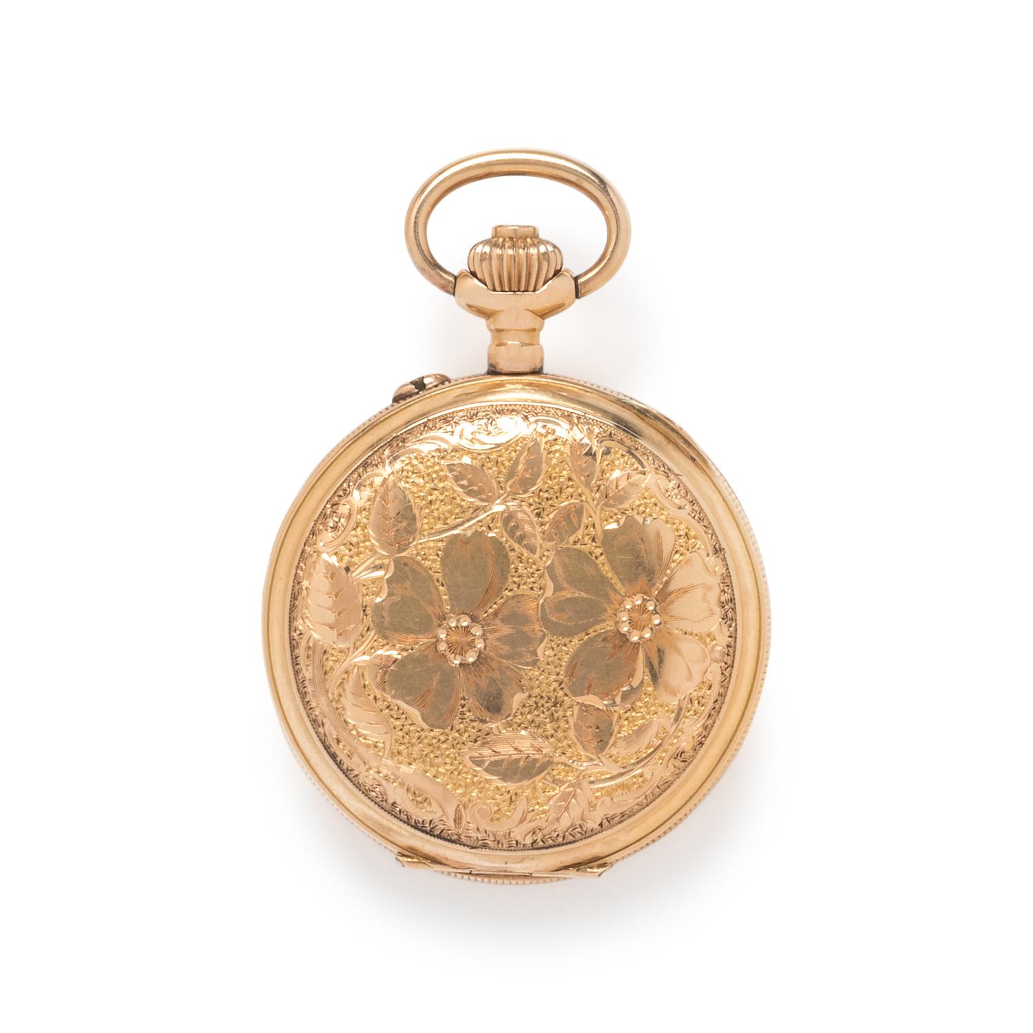 LA MAISONNETTE, 18K YELLOW GOLD AND ENAMEL HUNTER CASE POCKET WATCH