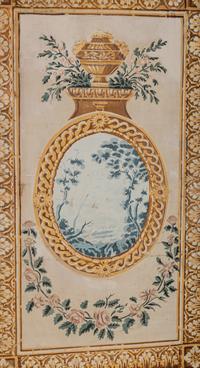 A Louis XVI Style Polychrome Painted Canvas Six-Panel Floor Screen