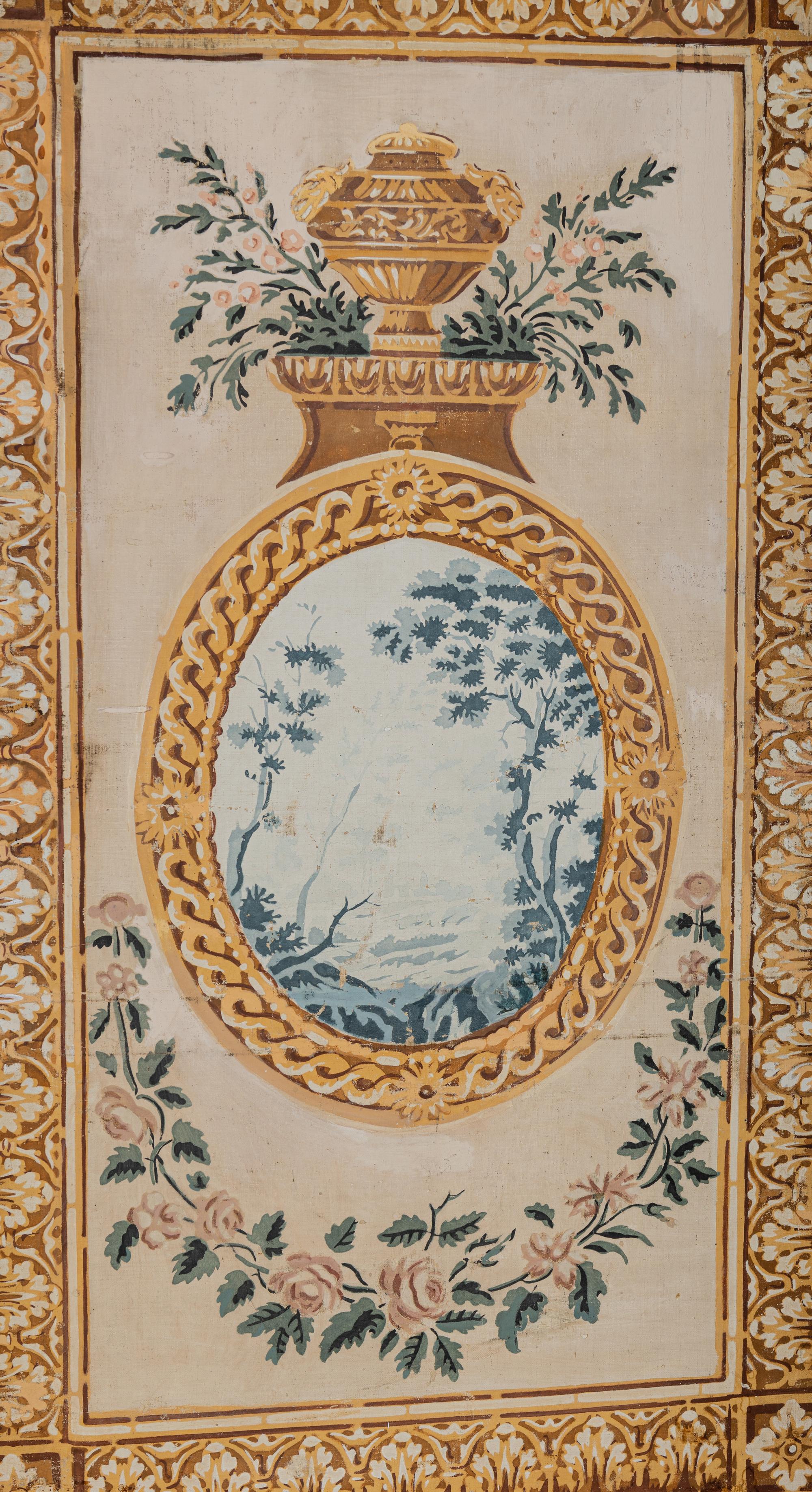 A Louis XVI Style Polychrome Painted Canvas Six-Panel Floor Screen