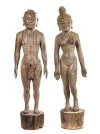 A Pair of Chinese Carved Wood Acupuncture Models Height of tallest 59 inches. — 19TH CENTURY