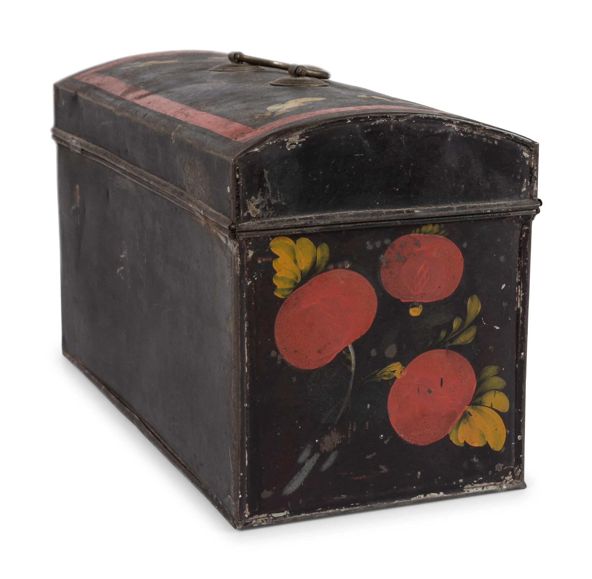 A Toleware Pomegranate or Cherry Paint Decorated Dome-Top Box