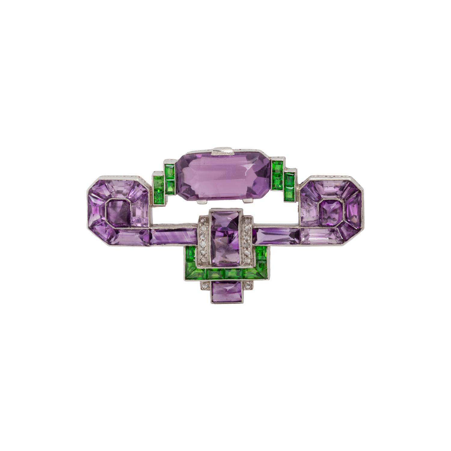 ART DECO, AMETHYST, GREEN GARNET AND DIAMOND BROOCH