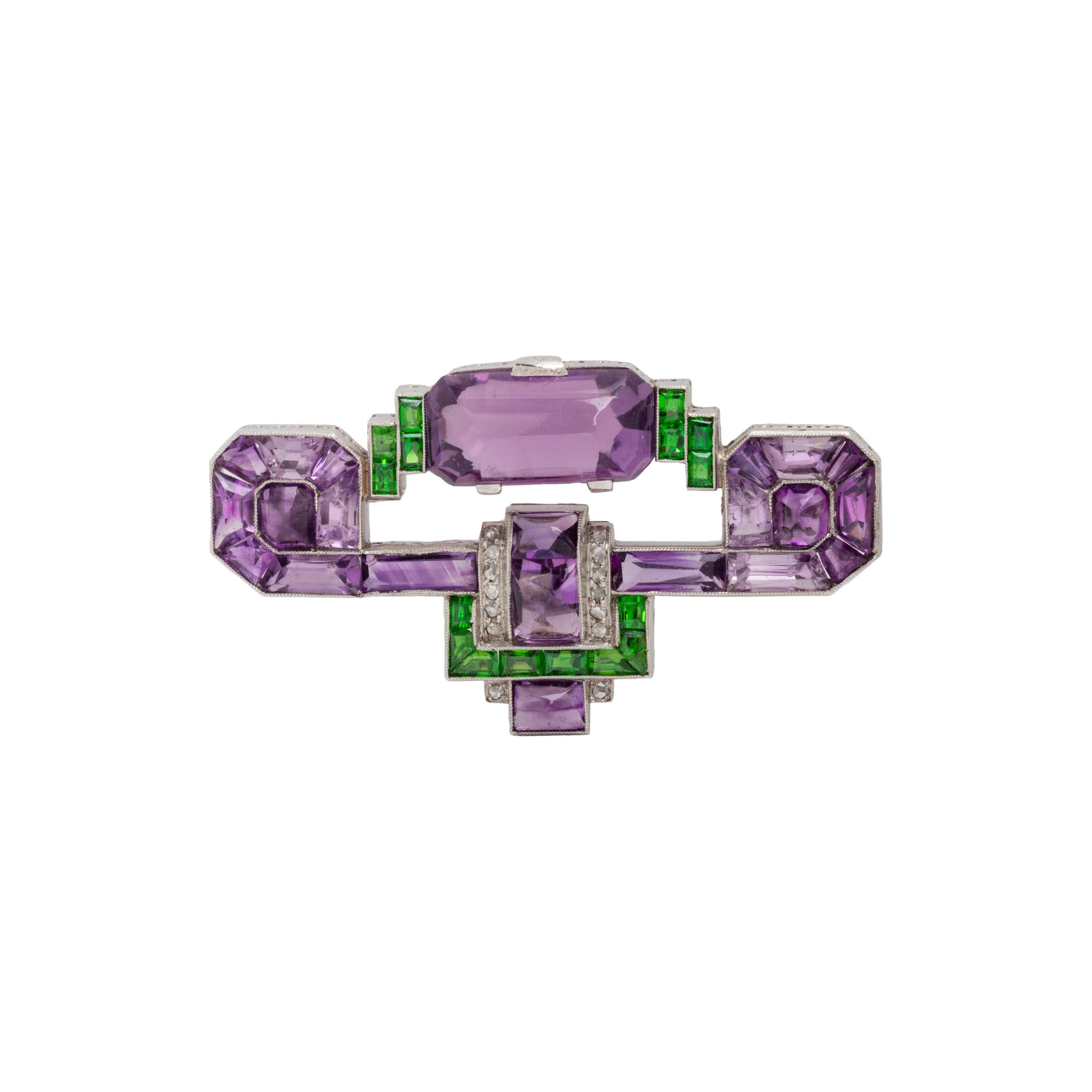 ART DECO, AMETHYST, GREEN GARNET AND DIAMOND BROOCH