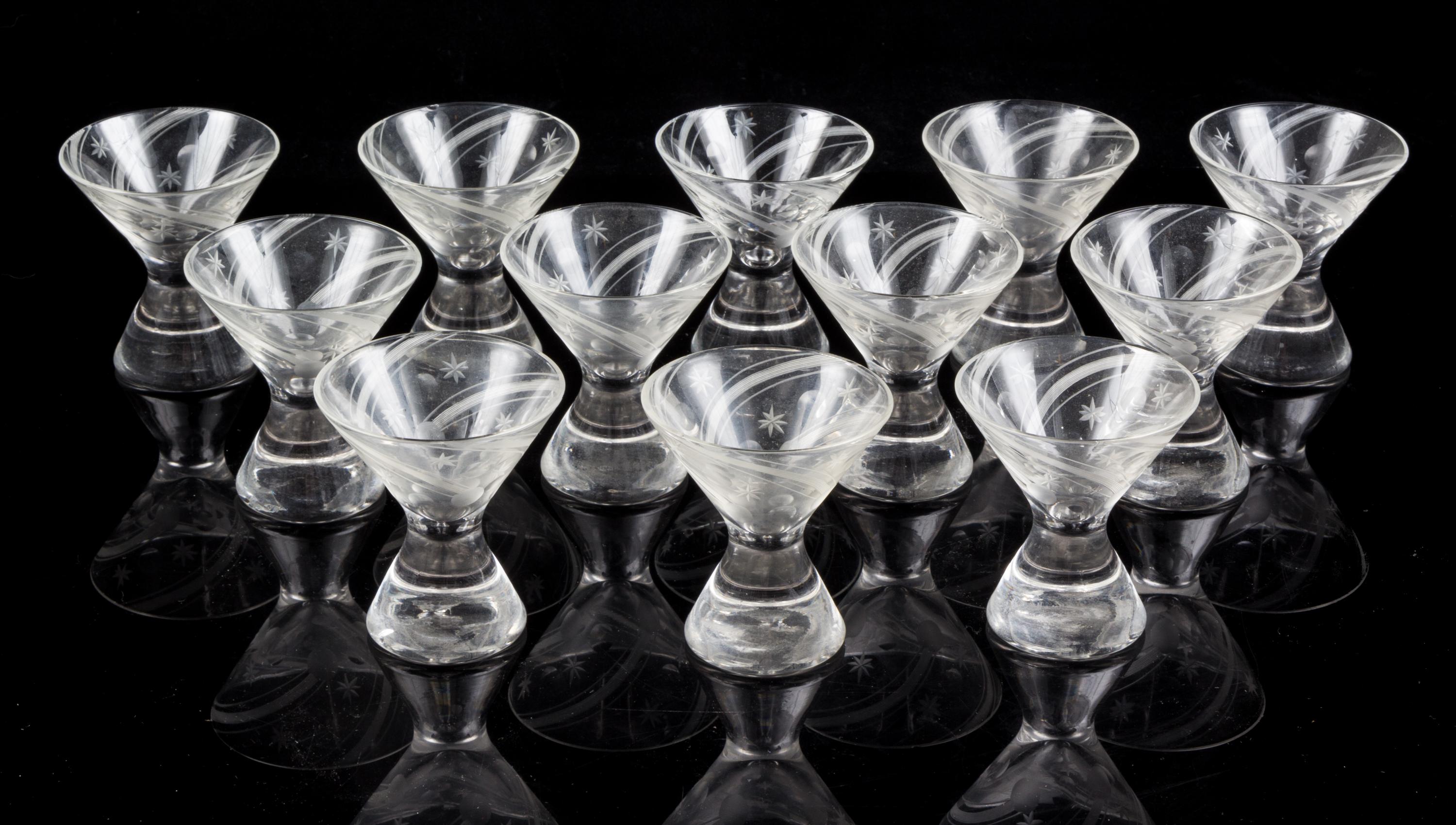 Twelve Etched Glass Dessert Cups Height 3 1/4 inches. — 20TH CENTURY